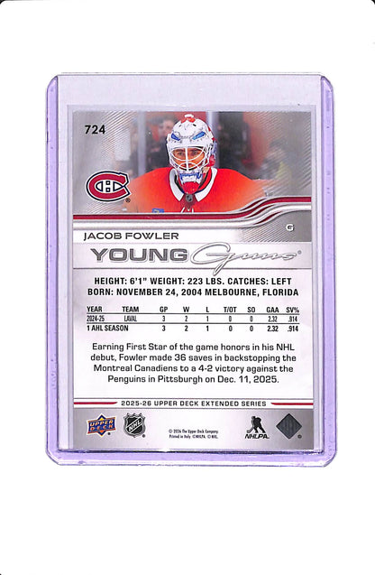 2025-26 UPPER DECK EXTENDED SERIES JACOB FOWLER YOUNG GUNS #724