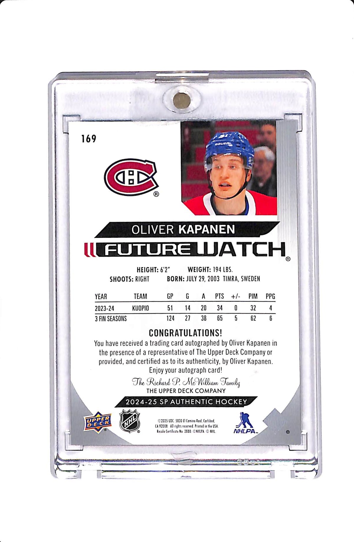 2024-25 UPPER DECK SP AUTHENTIC OLIVER KAPANEN FUTURE WATCH AUTO /999 #169
