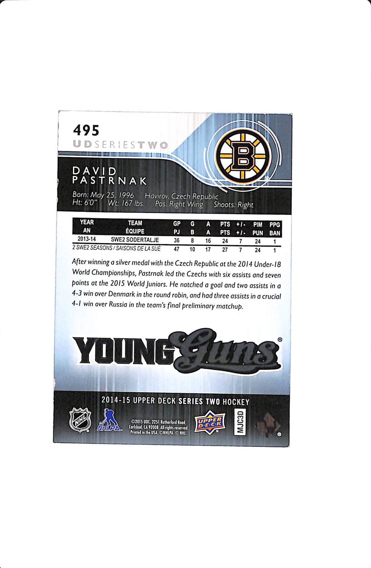 2014-15 UPPER DECK SERIES 2 DAVID PASTERNAK YOUNG GUNS #495