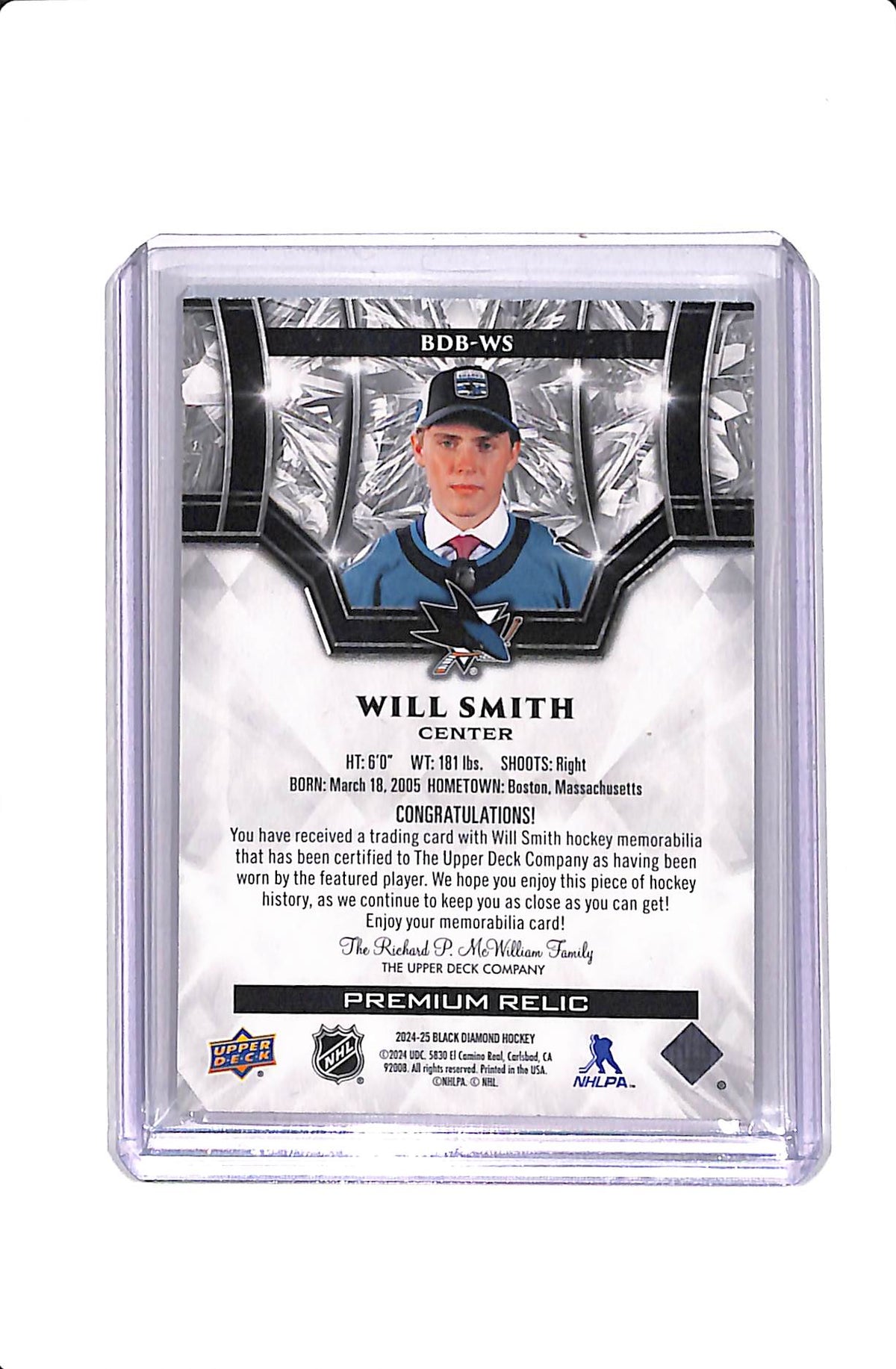2024-25 UPPER DECK BLACK DIAMOND WILL SMITH #BDB-WS PREMIUM ROOKIE RELIC /50