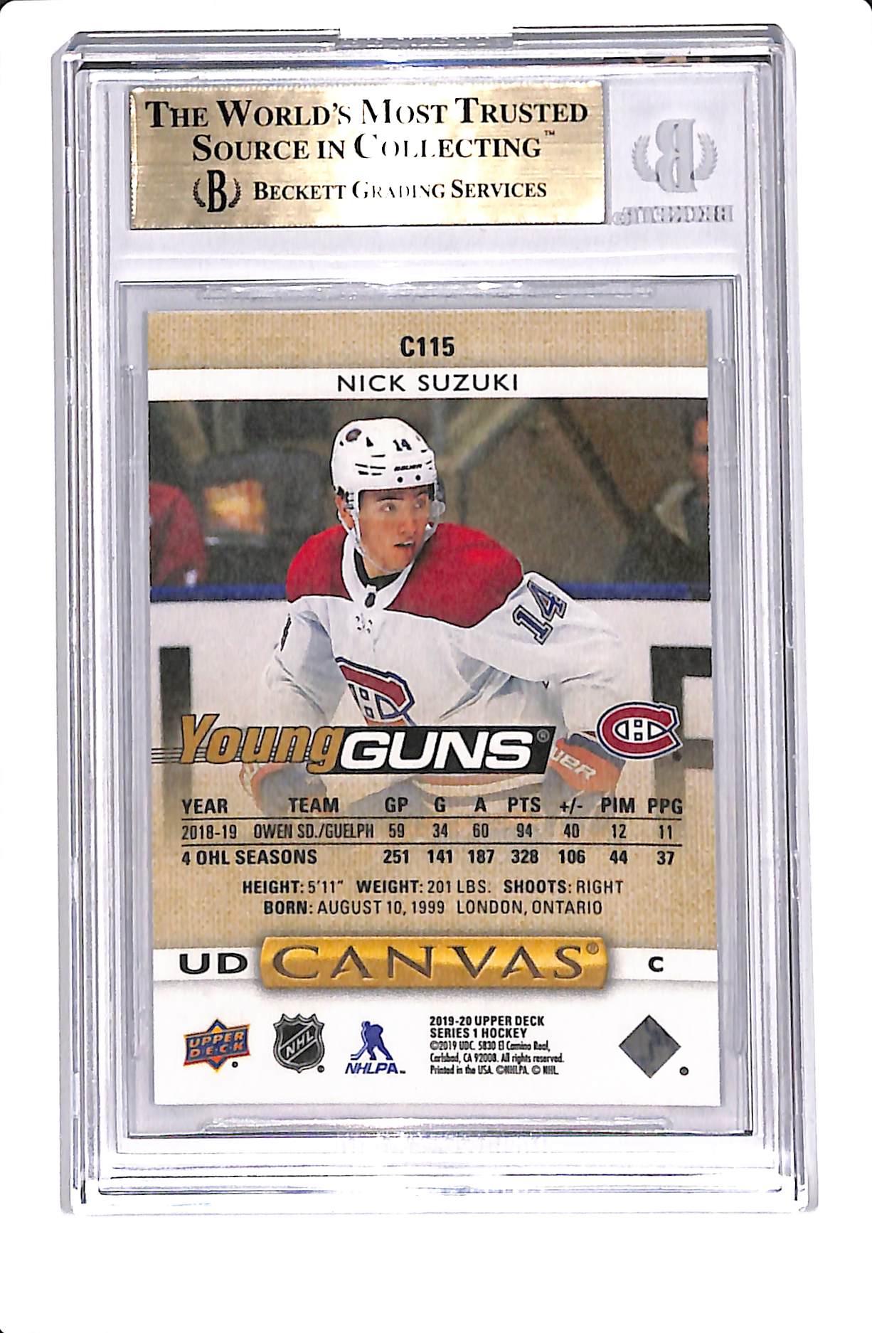 2019-20 UPPER DECK NICK SUZUKI #C YOUNG GUNS CANVAS BGS 9.5
