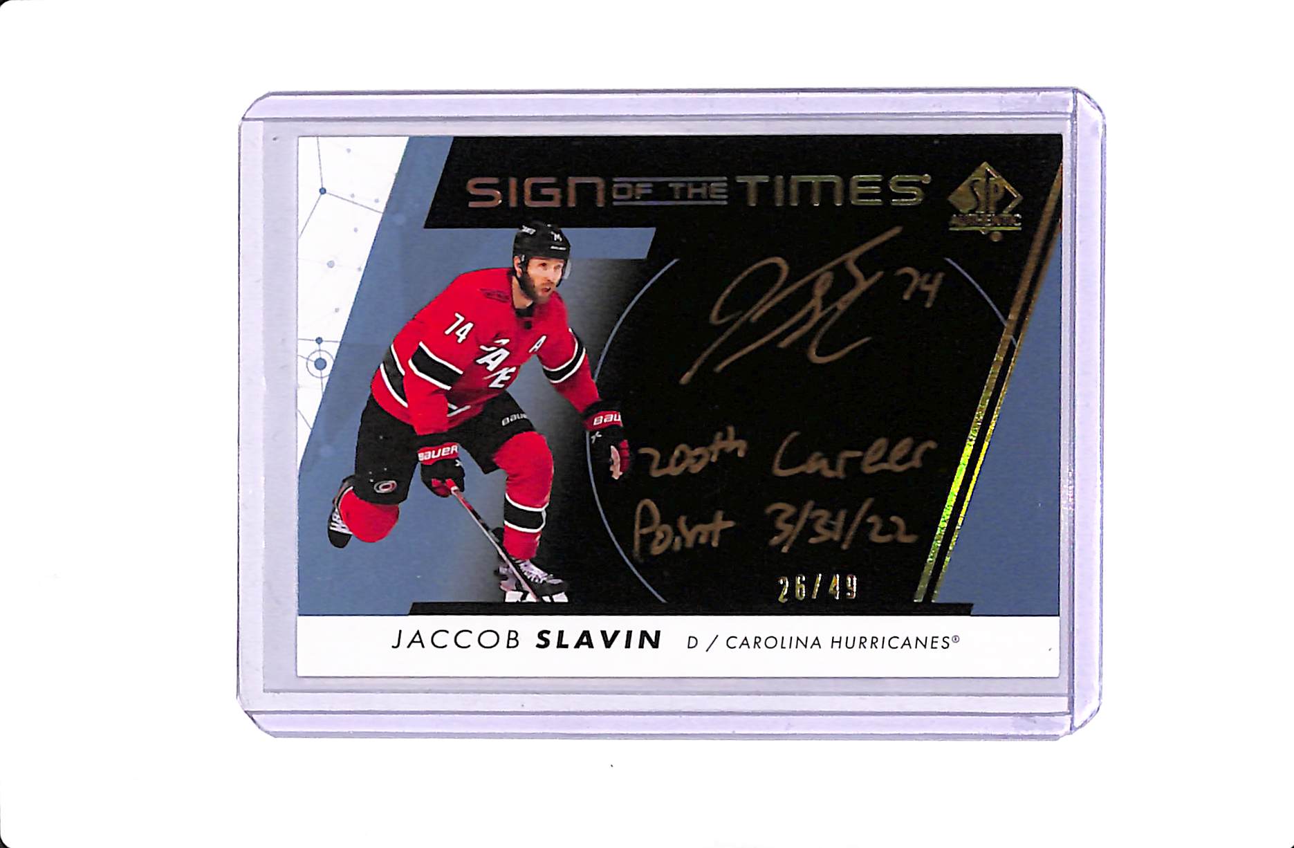 2022-23 UPPER DECK SP AUTHENTIC JACOB SLAVIN SIGN OF THE TIMES INSCRIBED /49 #SOTT-JS