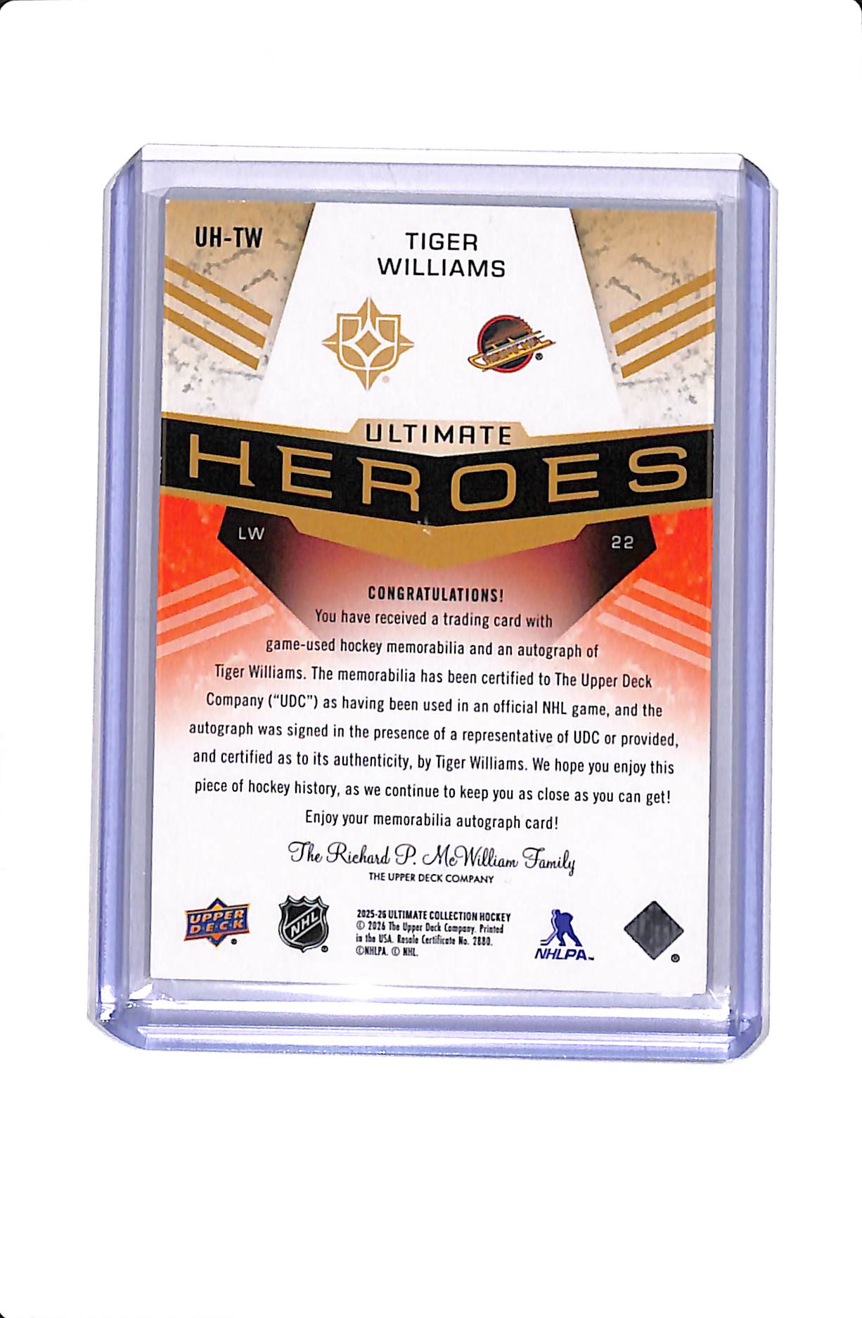 2025-26 UPPER DECK ULTIMATE TIGER WILLIAMS ULTIMATE HEROES PATCH AUTO /35 #UH0TW