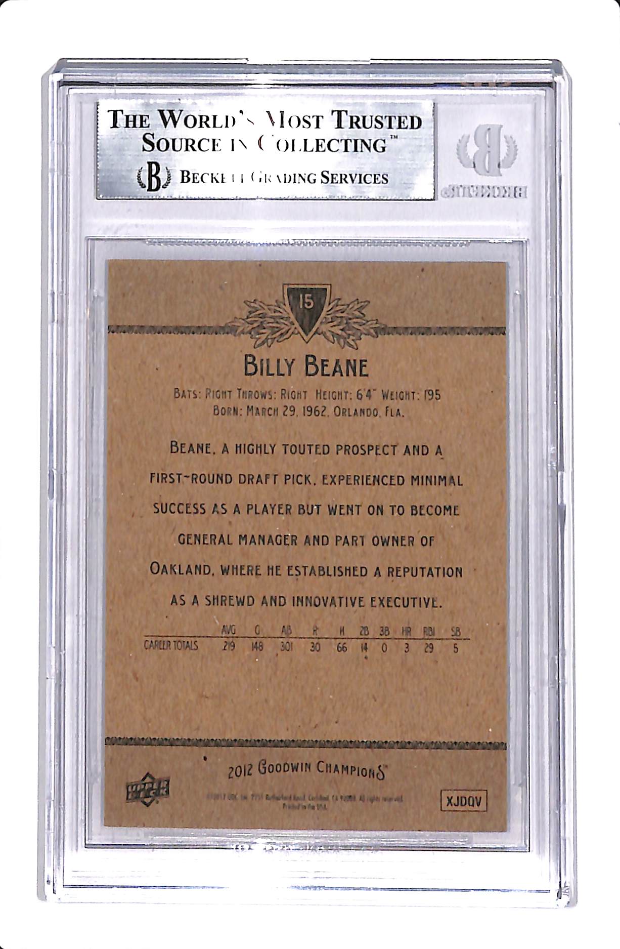2012 UPPER DECK GOODWIN CHAMPIONS BILLY BEANE AUTO BGS AUTHENTIC #15
