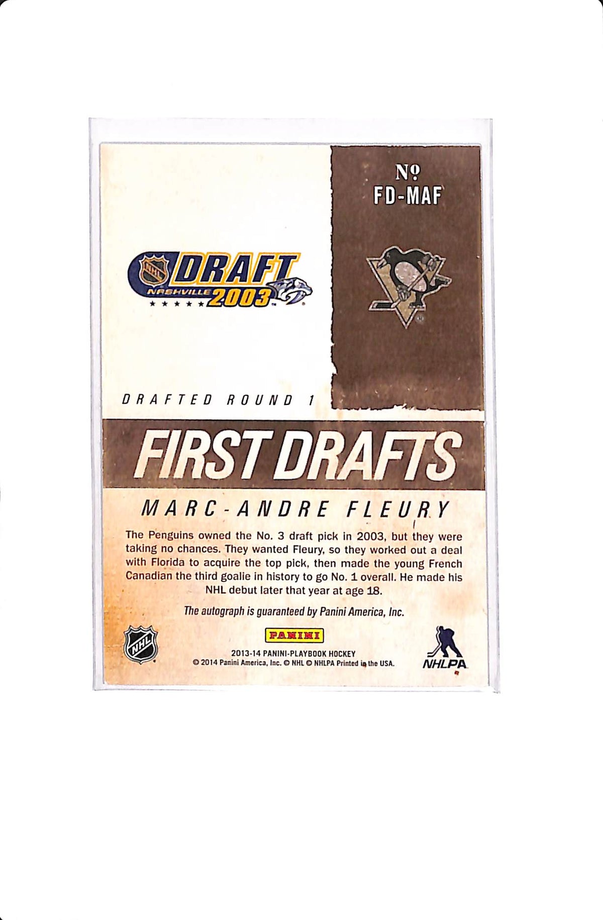 2013-14 PANINI PLAYBOOK MARC-ANDRE FLEURY FIRST DRAFTS AUTO #FD-MAF