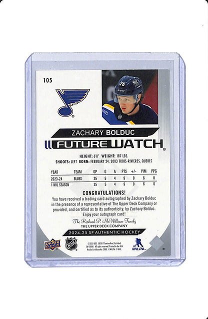 2024-25 UD SP AUTHENTIC HOCKEY FUTURE WATCH AUTO ZACHARY BOLDUC /599