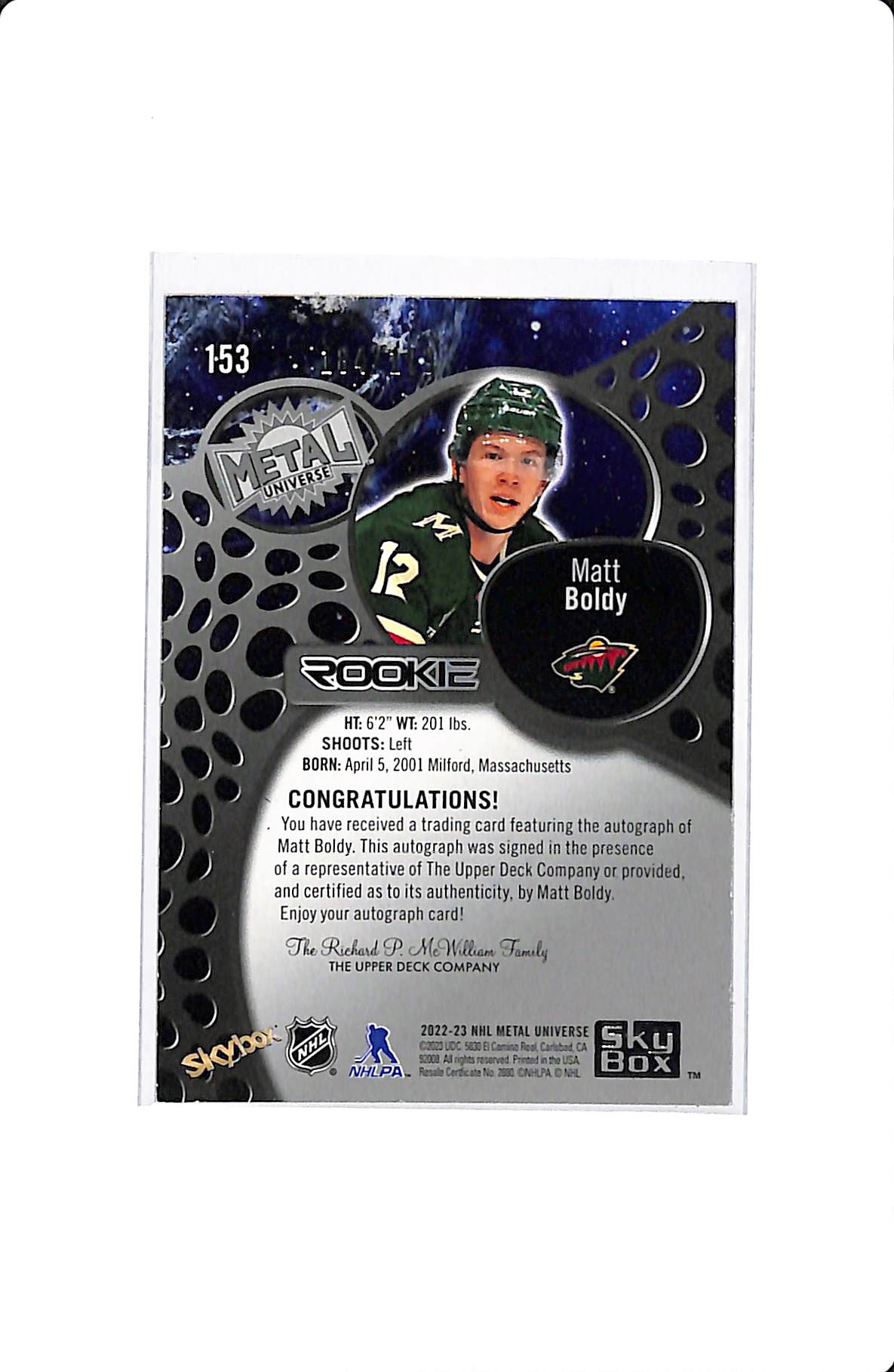 2022-23 NHL METAL UNIVERSE MATT BOLDY ROOKIE AUTO 184/199