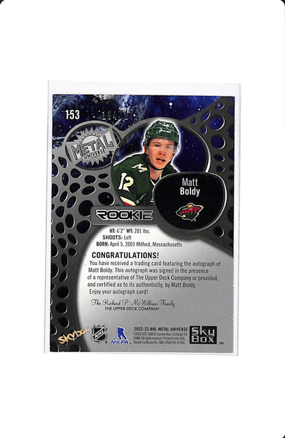 2022-23 NHL METAL UNIVERSE MATT BOLDY ROOKIE AUTO 184/199