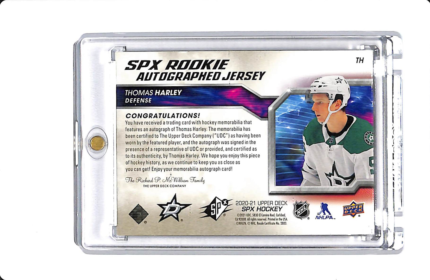 2020-21 UPPER DECK SPX THOMAS HARLEY ROOKIE JERSEY AUTOGRAPH 30/49