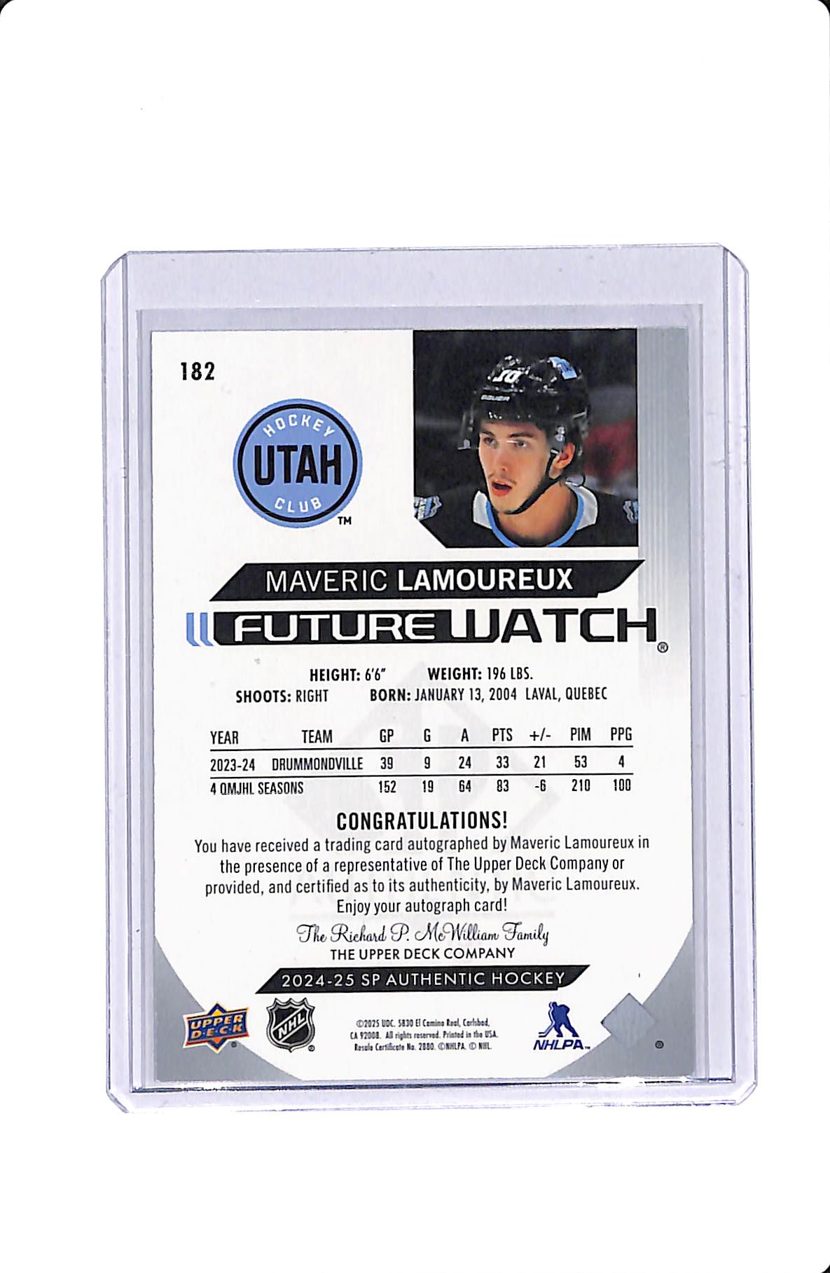 2024-25 UD SP AUTHENTIC HOCKEY FUTURE WATCH AUTO MAVERIC LAMOUREUX /999