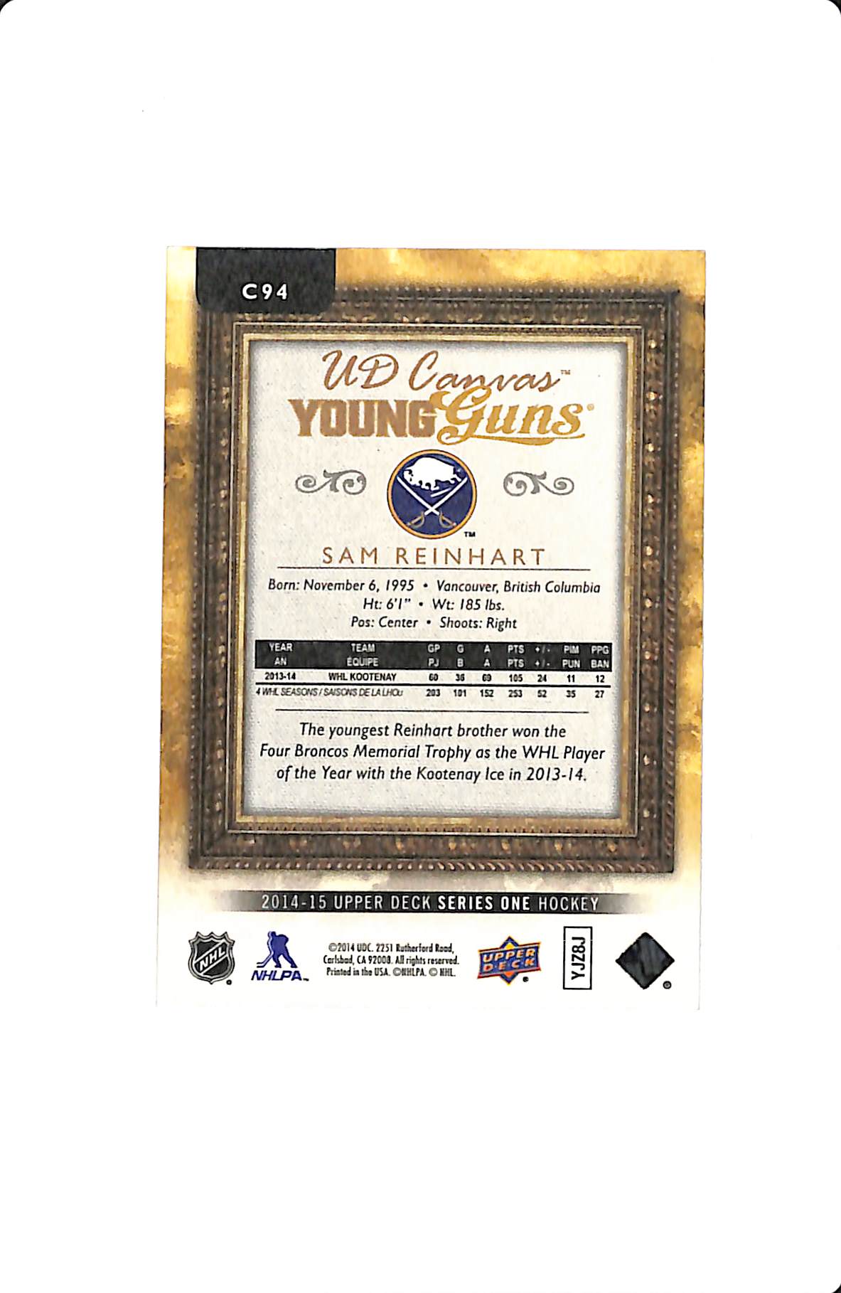 2014-15 UD SERIES ONE HOCKEY SAM REINHART YOUNG GUNS CANVAS