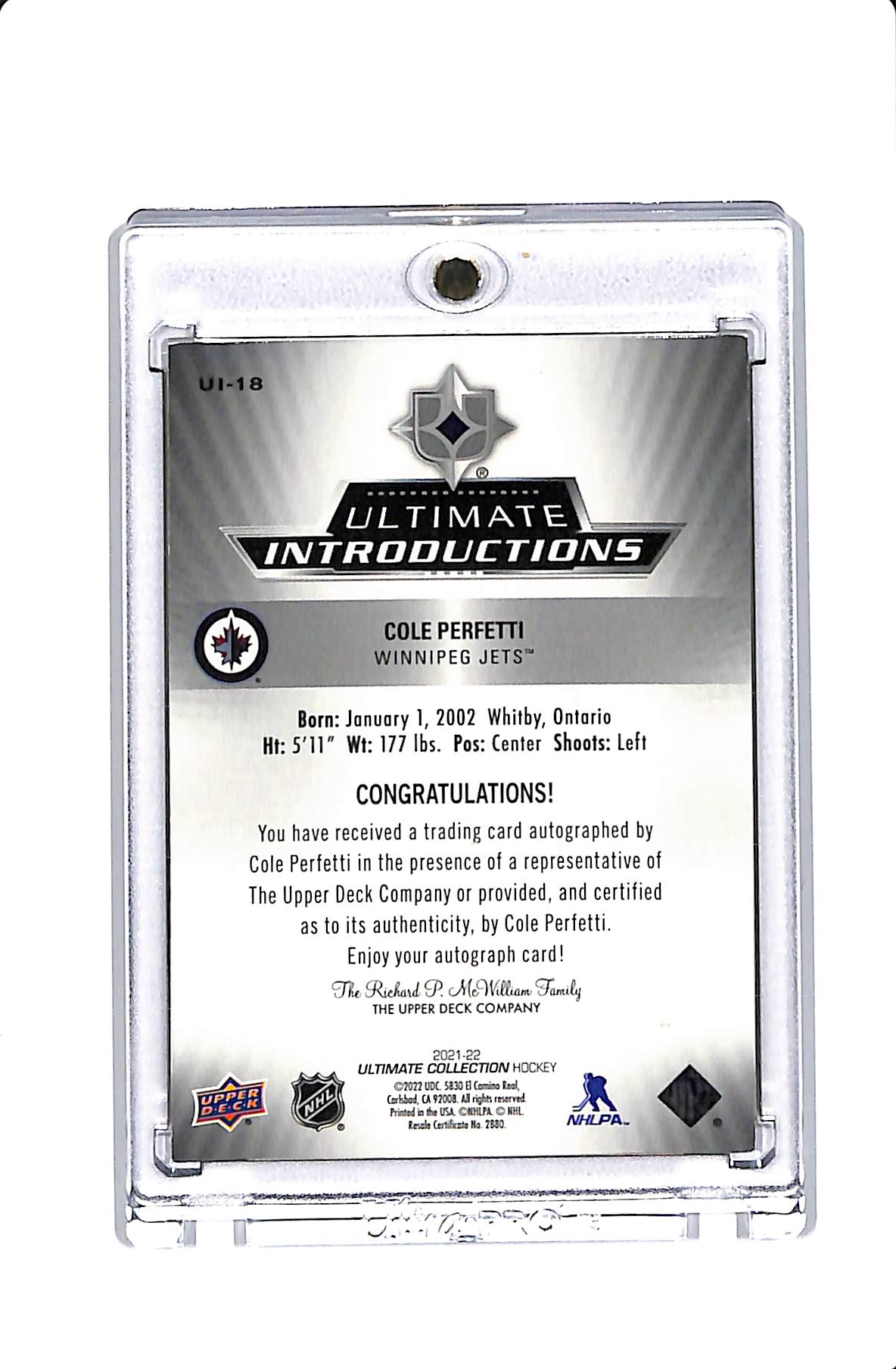 2021-22 UD ULTIMATE COLE PERFETTI ULTIMATE INTRODUCTIONS AUTOGRAPH 44/50
