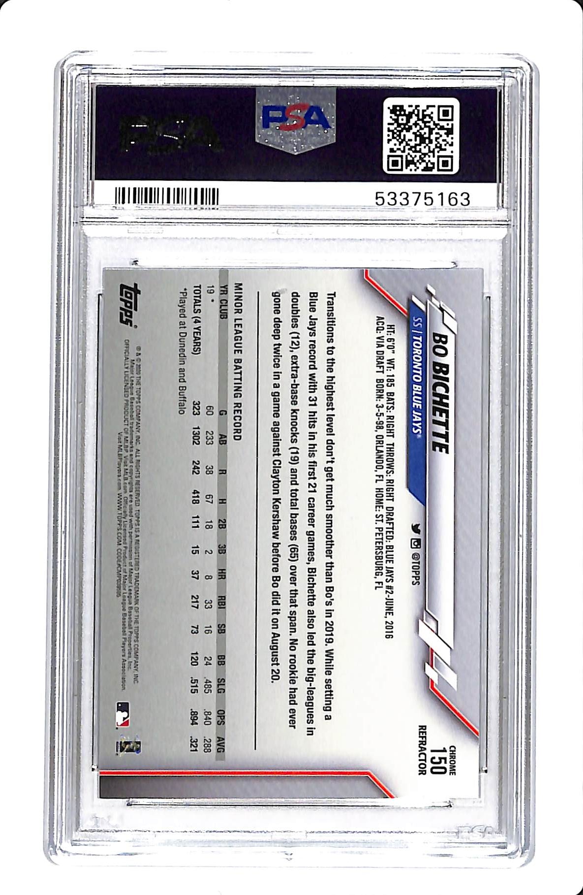 2020 TOPPS CHROME BO BICHETTE REFRACTOR ROOKIE PSA 10