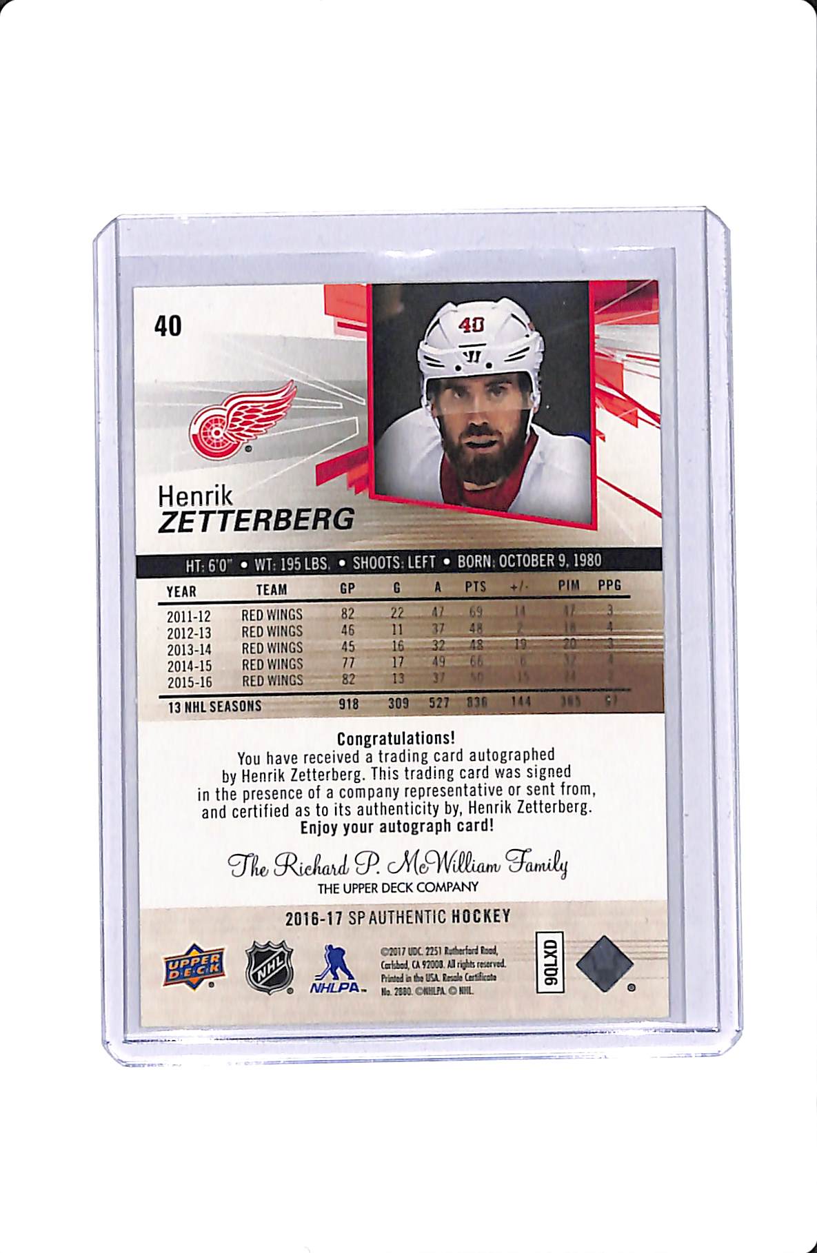 2016-17 UD SP AUTHENTIC HENRIK ZETTERBERG SPECTRUM AUTOGRAPH