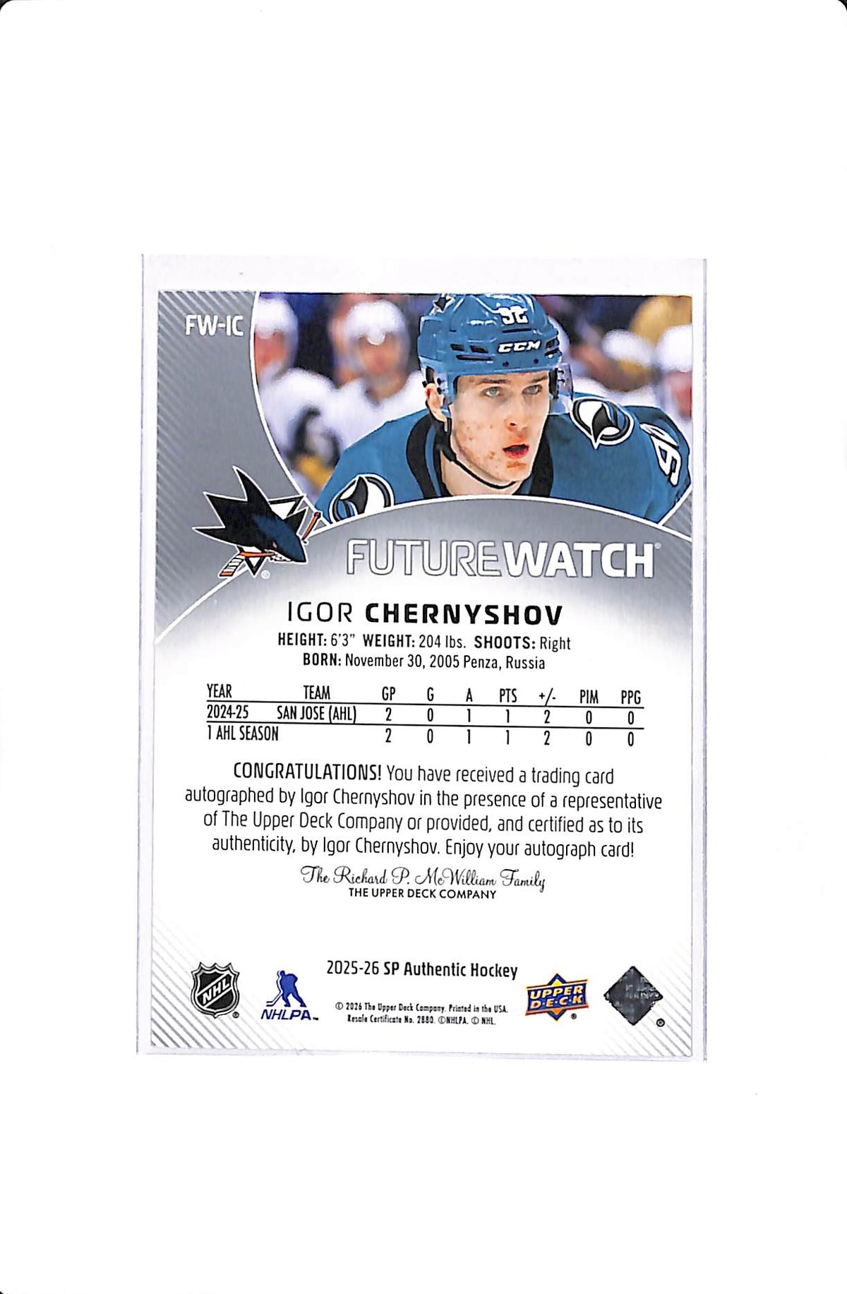 2025-26 UPPER DECK SP AUTHENTIC IGOR CHERNYSHOV FUTURE WATCH AUTO /999 #FW-IC