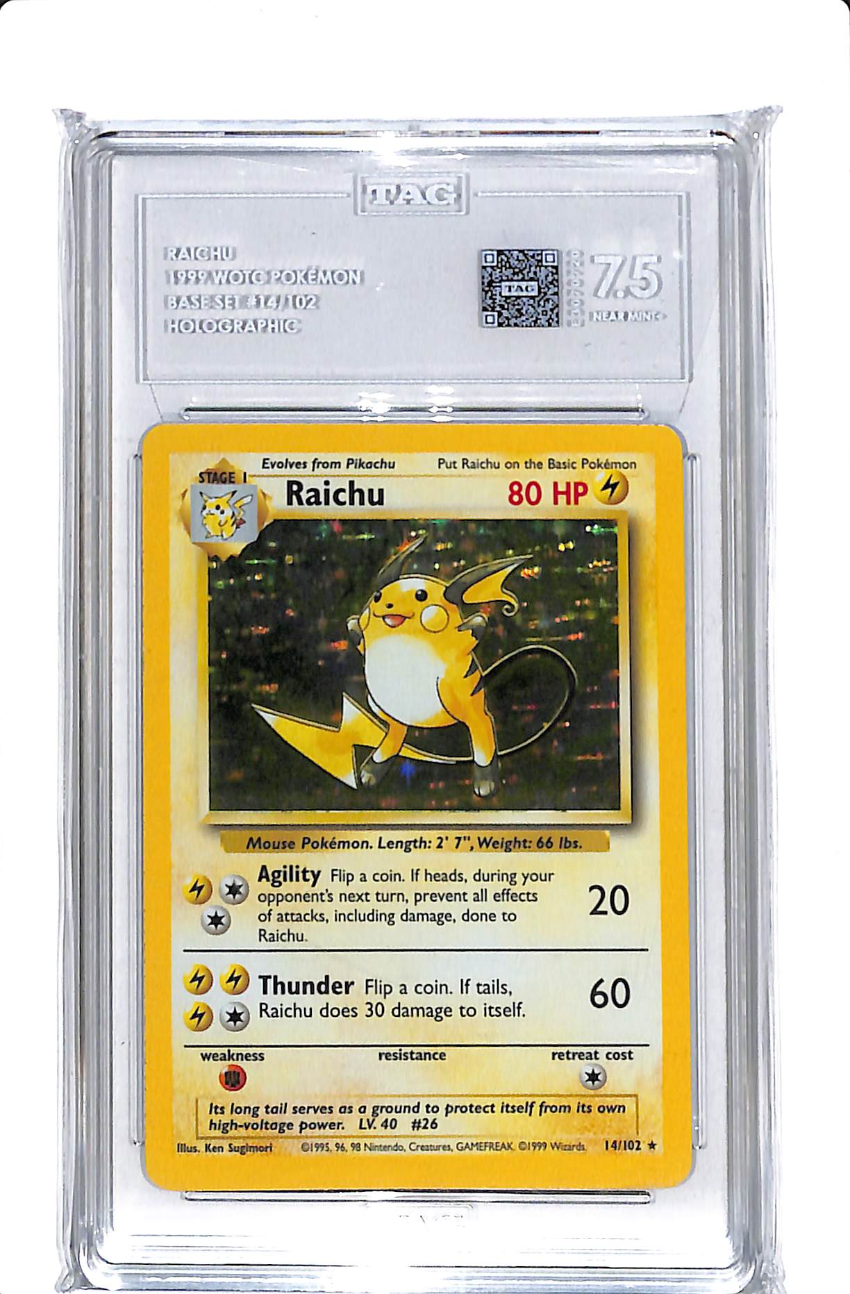 1999 WOTC POKÉMON #14 RAICHU BASE SET HOLO TAG 7.5