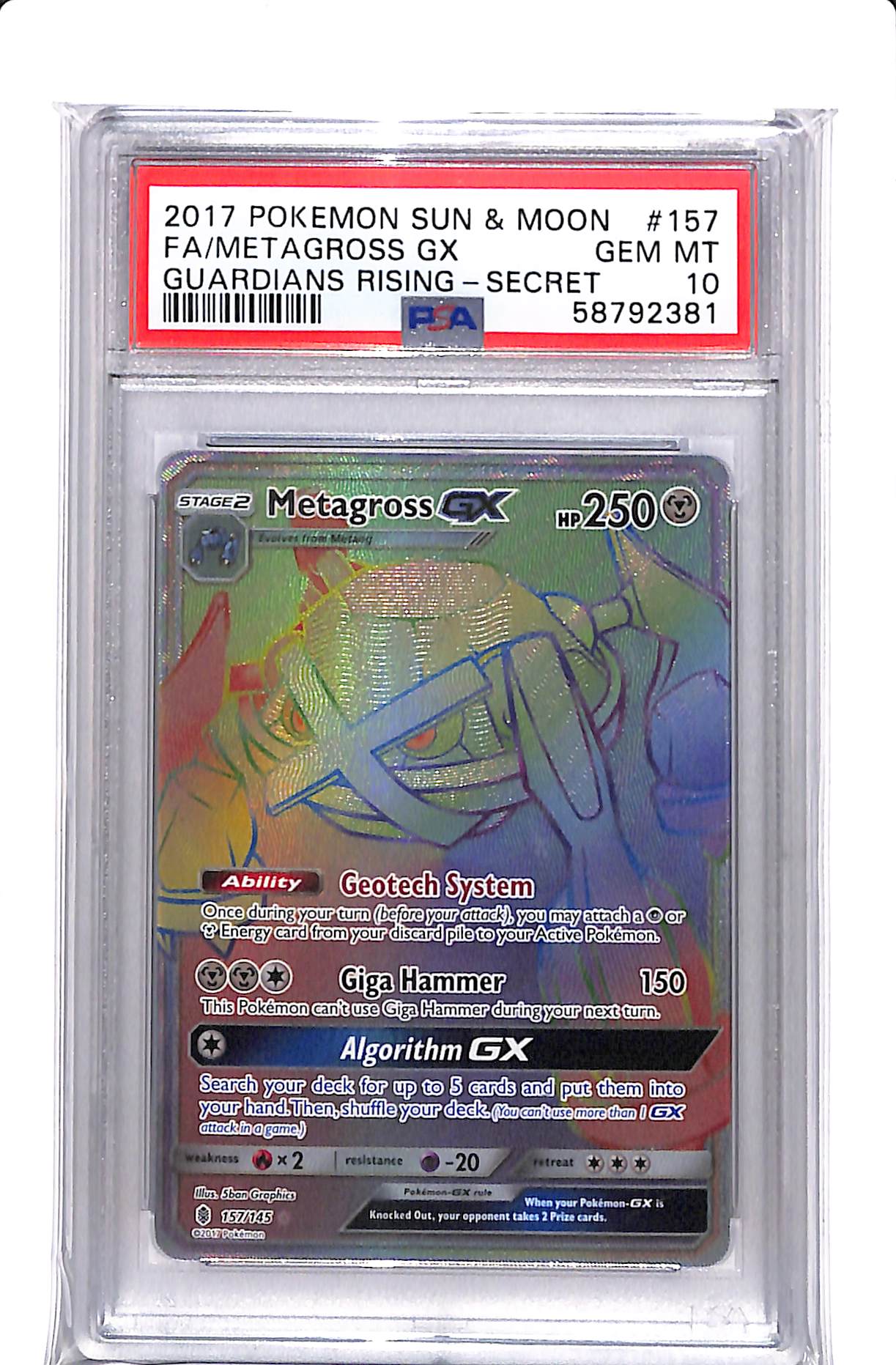 2017 POKEMON SM GUARDIANS RISING #157 FA METAGROSS GX GUARDIANS RISING SECRET PSA 10