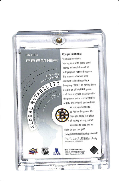 2023-24 UD PREMIER PATRICE BERGERON GLOBAL NOTABILITY PATCH AUTO /25 #GNA-PB
