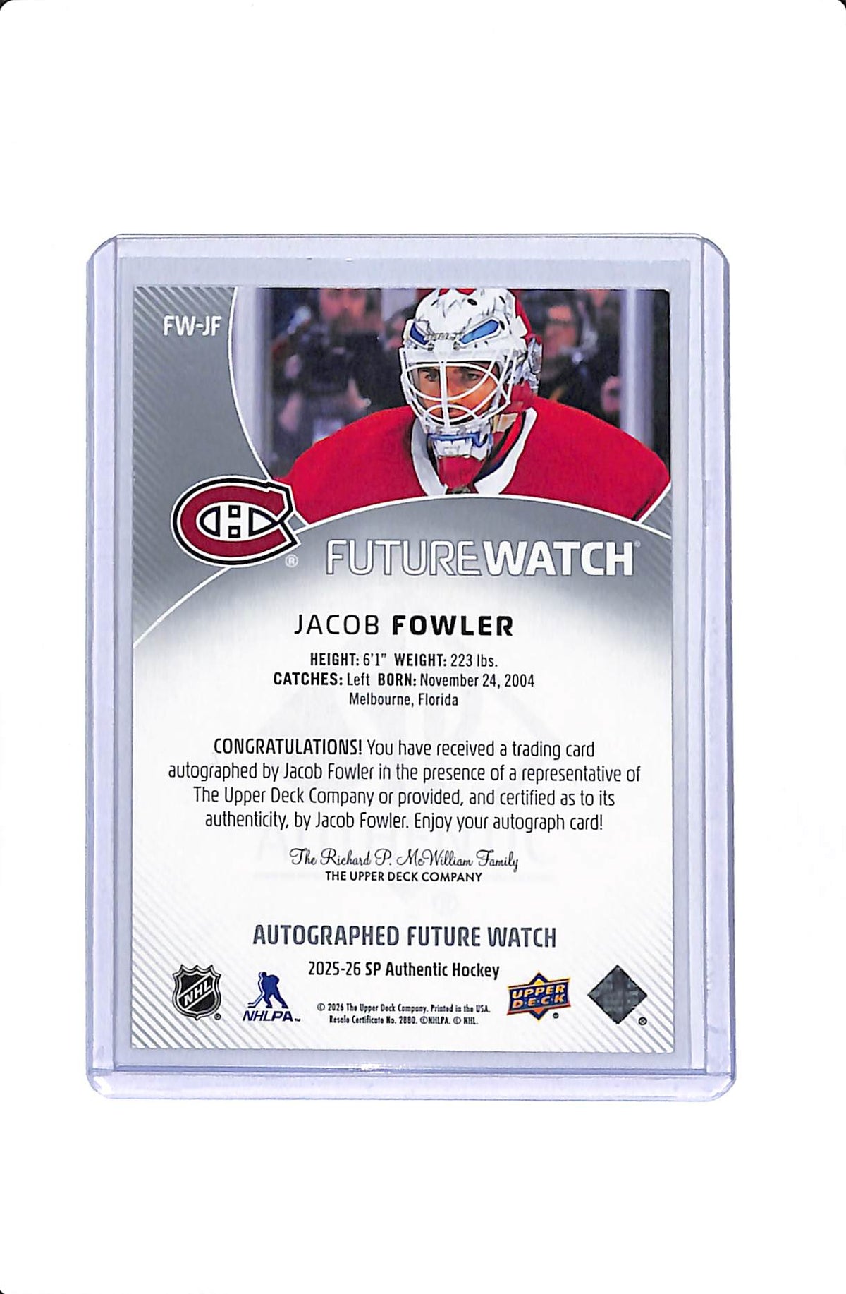 2025-26 UPPER DECK SP AUTHENTIC JACOB FOWLER FUTURE WATCH AUTO /599
