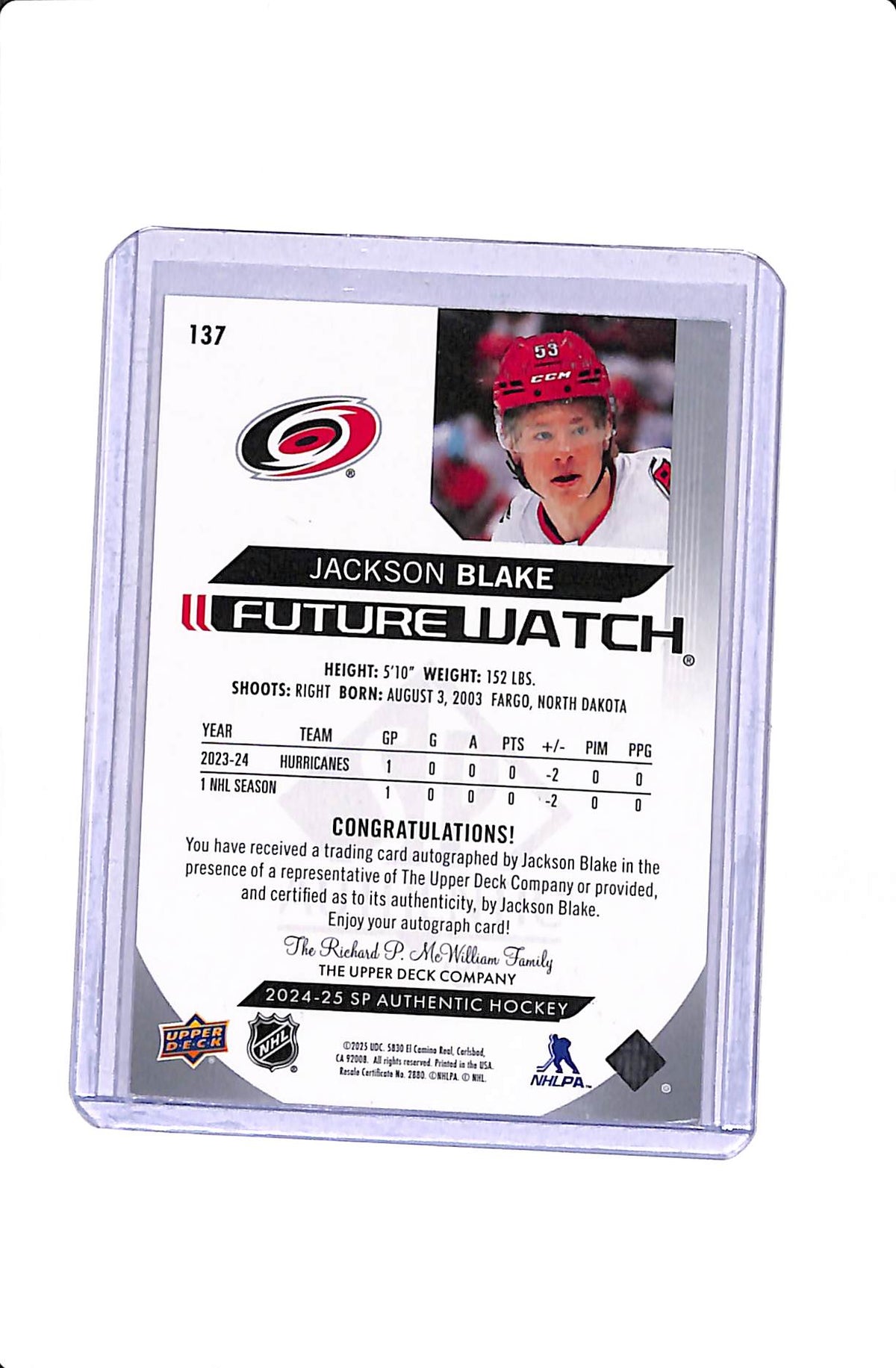 2024-25 UPPER DECK SP AUTHENTIC JACKSON BLAKE #137 FUTURE WATCH AUTO /999