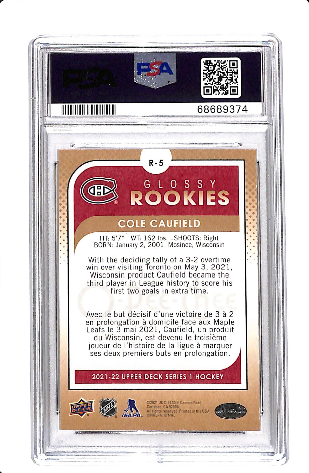 2021-2022 UPPER DECK O-PEE-CHEE #R5 COLE CAUFIELD GLOSSY BRONZE ROOKIES PSA 9