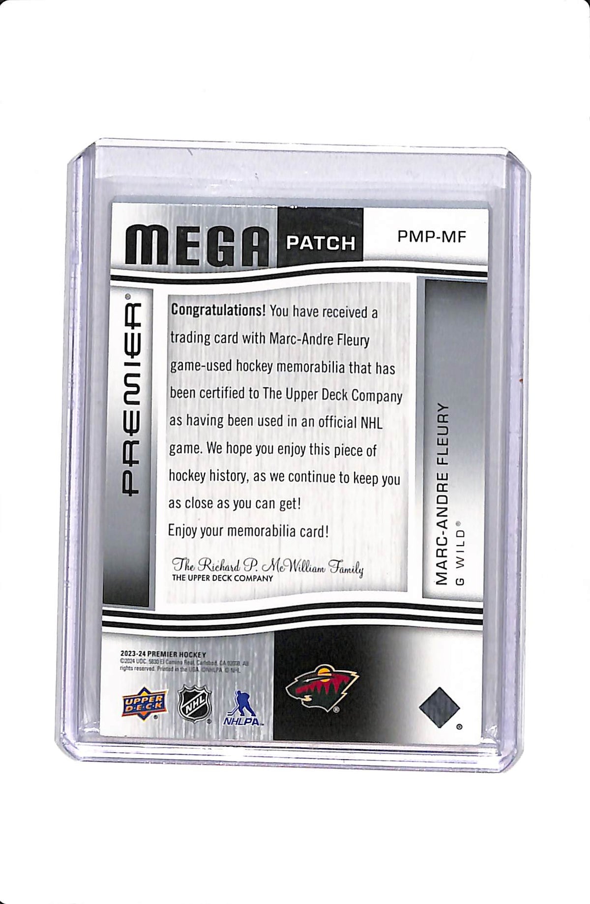 2023-24 UPPER DECK PREMIER MARC-ANDRE FLEURY #PMP-MF MEGA PATCH CHEST LOGO /18