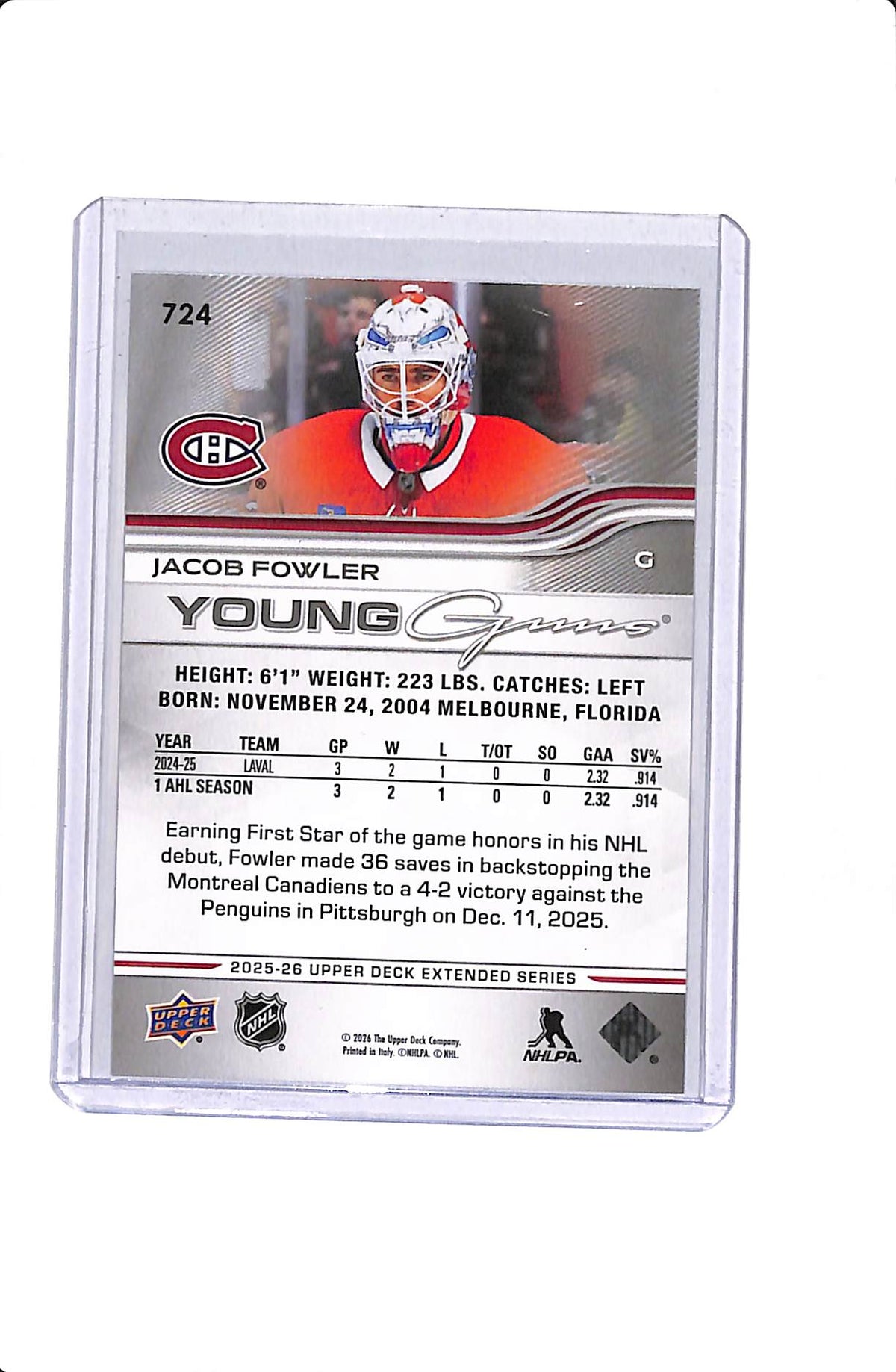 2025-26 UPPER DECK EXTENDED SERIES JACOB FOWLER YOUNG GUNS #724