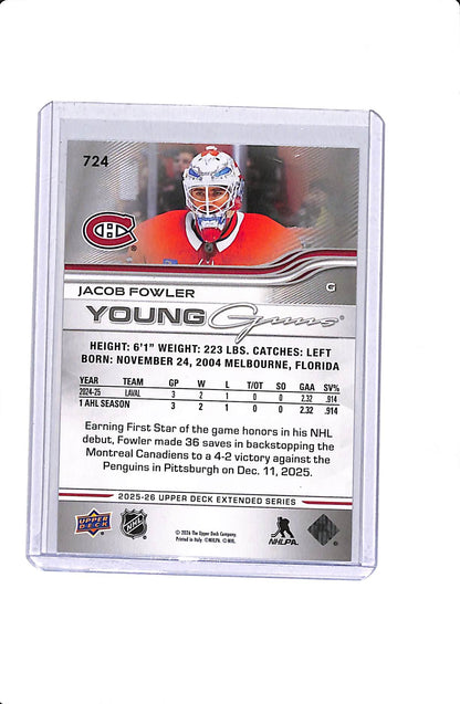 2025-26 UPPER DECK EXTENDED SERIES JACOB FOWLER YOUNG GUNS #724