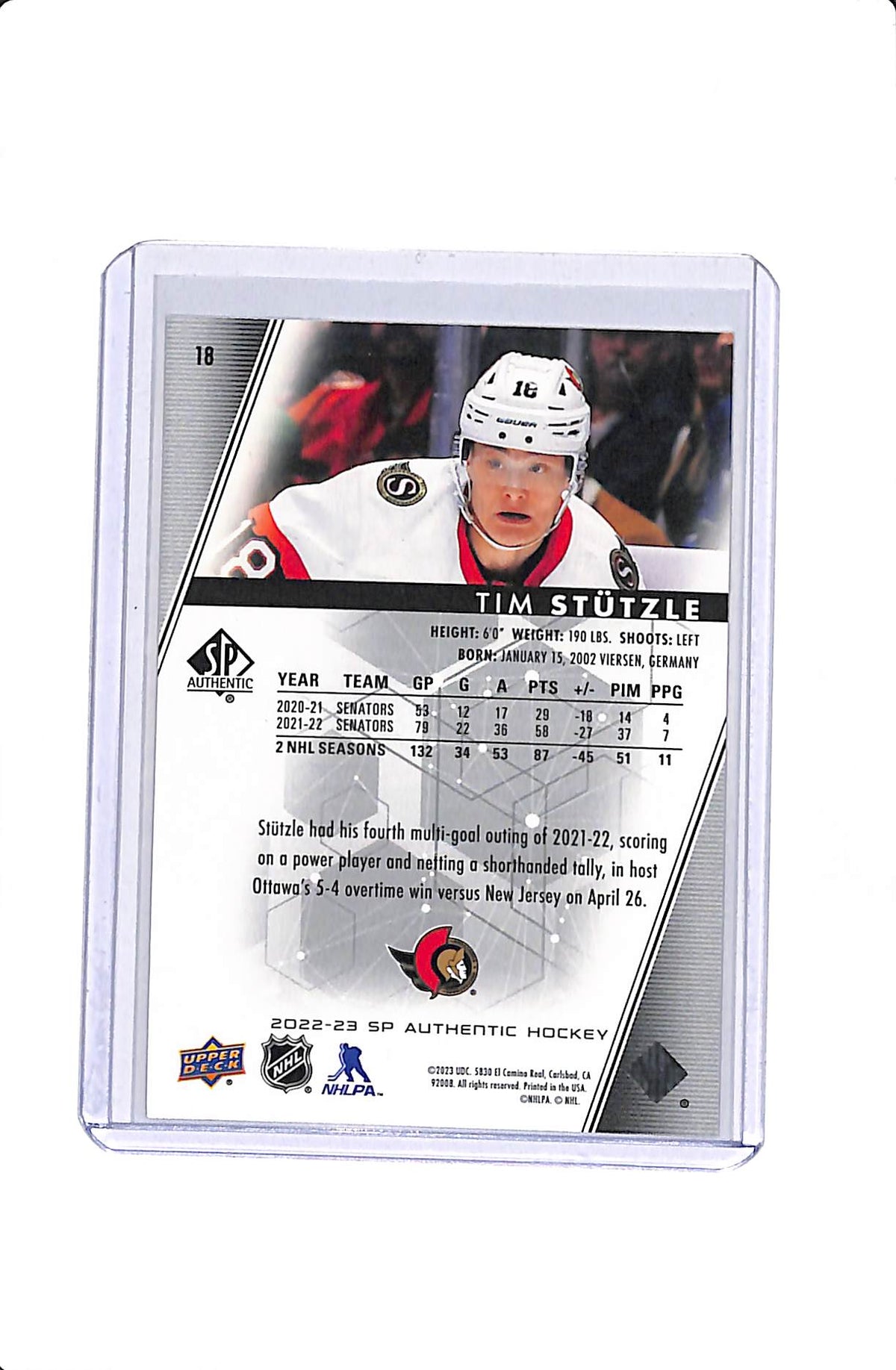 2022-23 UPPER DECK SP AUTHENTIC TIM STUTZLE BLACK 1/1 #18
