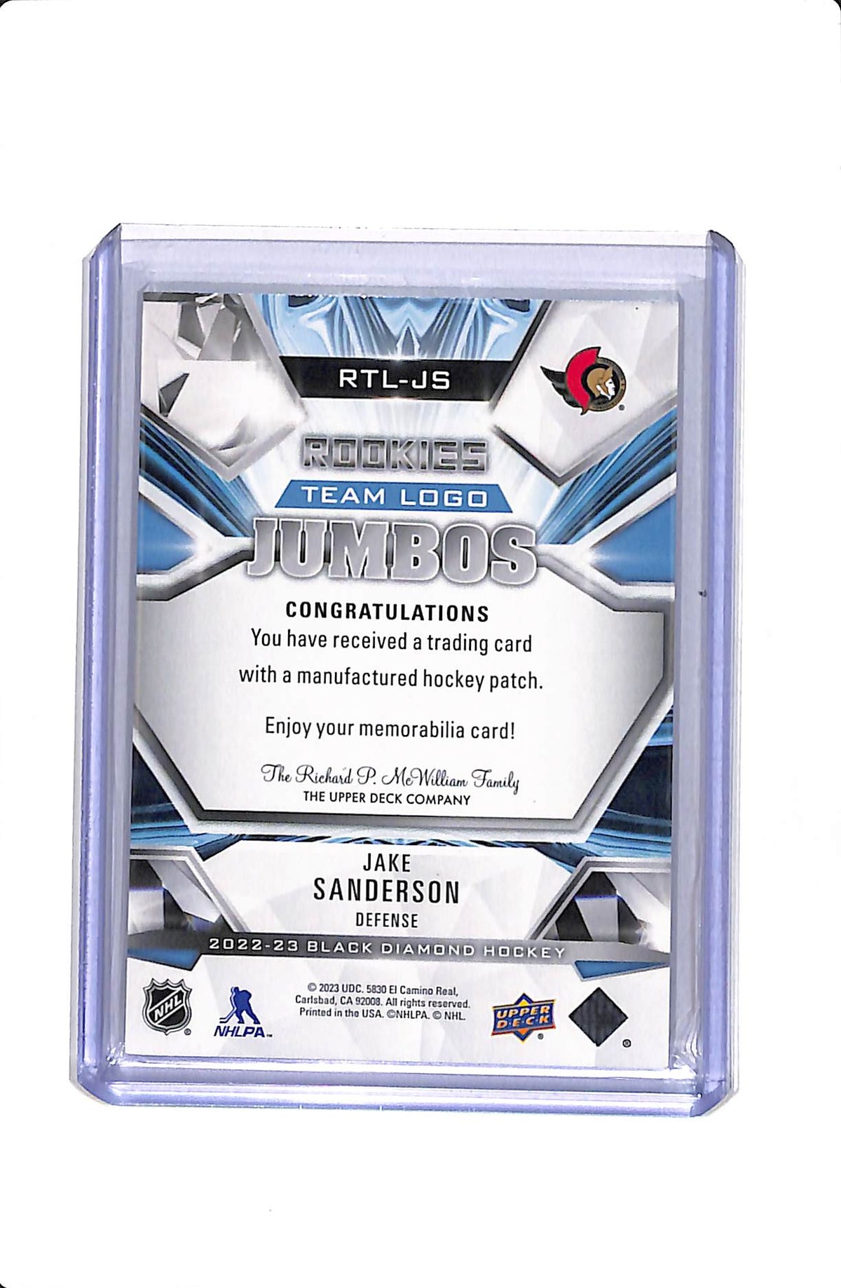 2022-23 UD BLACK DIAMOND JAKE SANDERSON #RTL-JS ROOKIE TEAM LOGO JUMBOS