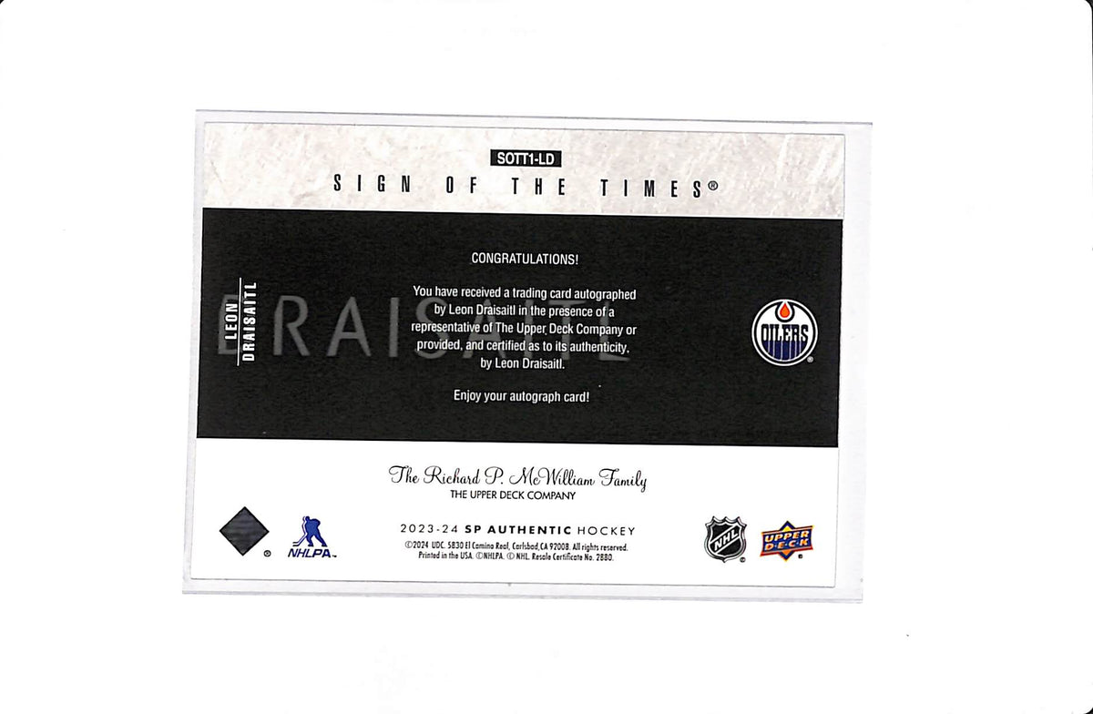 2023-24 UD SP AUTHENTIC LEON DRAISAITL SIGN OF THE TIMES #SOTT1-LD