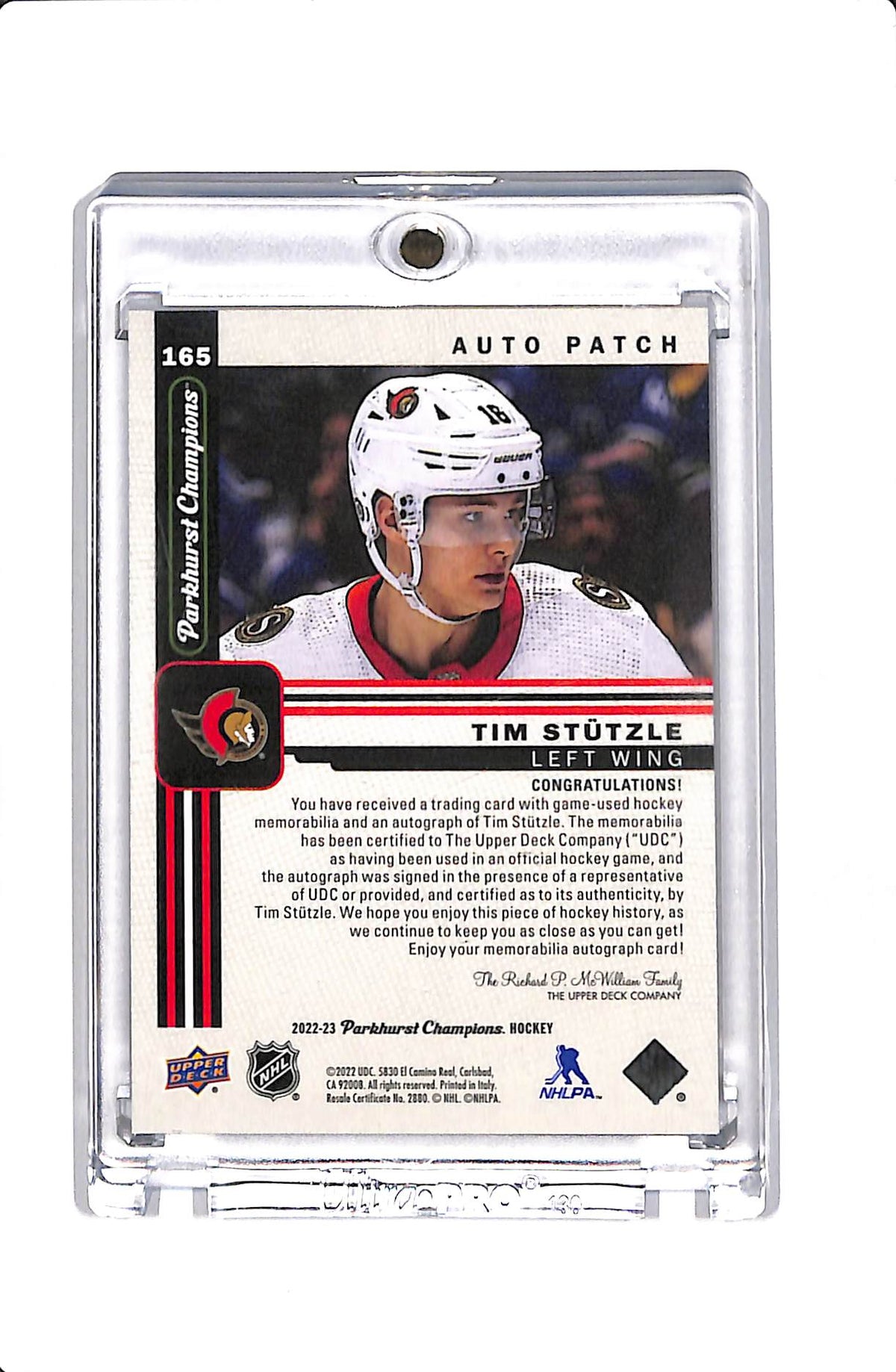 2022-23 UPPER DECK PARKHURST CHAMPIONS TIM STUTZLE #165 VETERAN PATCH AUTO /25