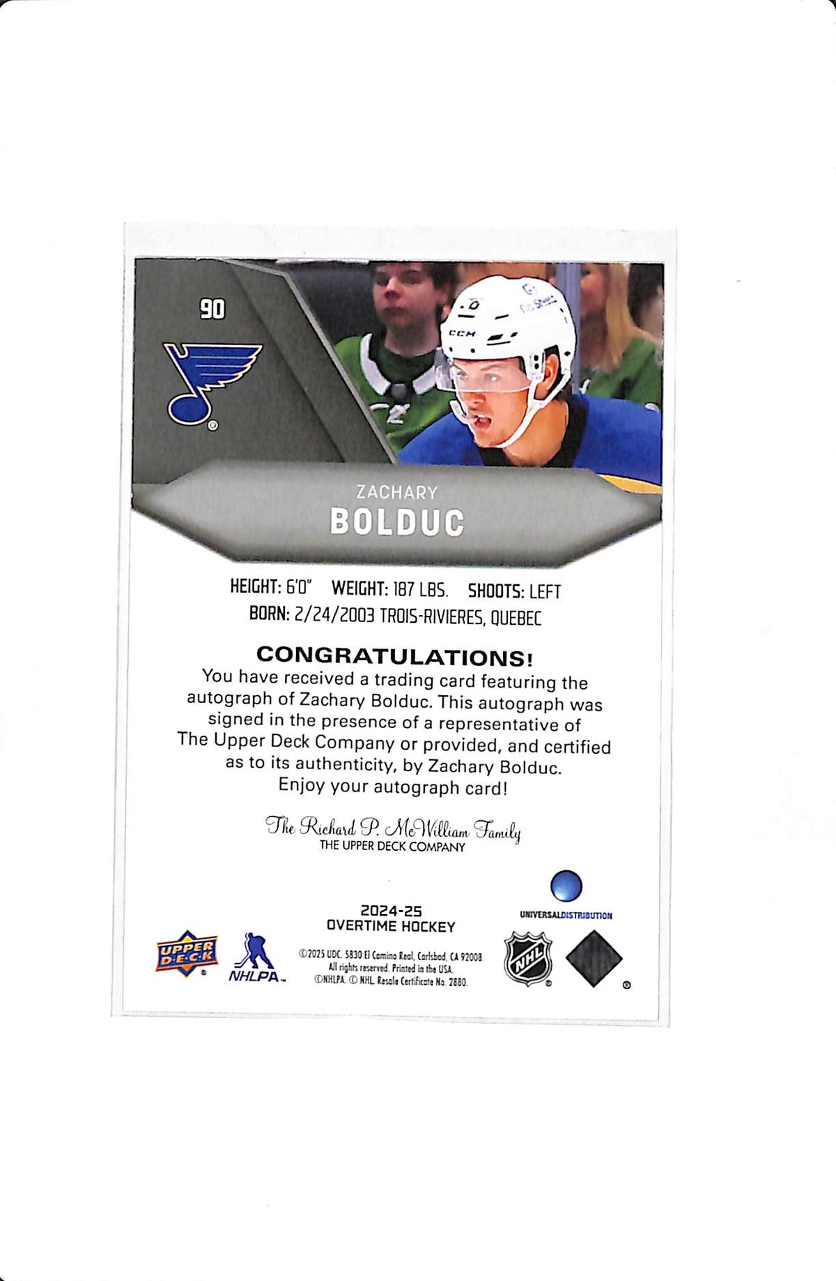2024-25 UPPER DECK OVERTIME ZACHARY BOLDUC #90 ROOKIE AUTO