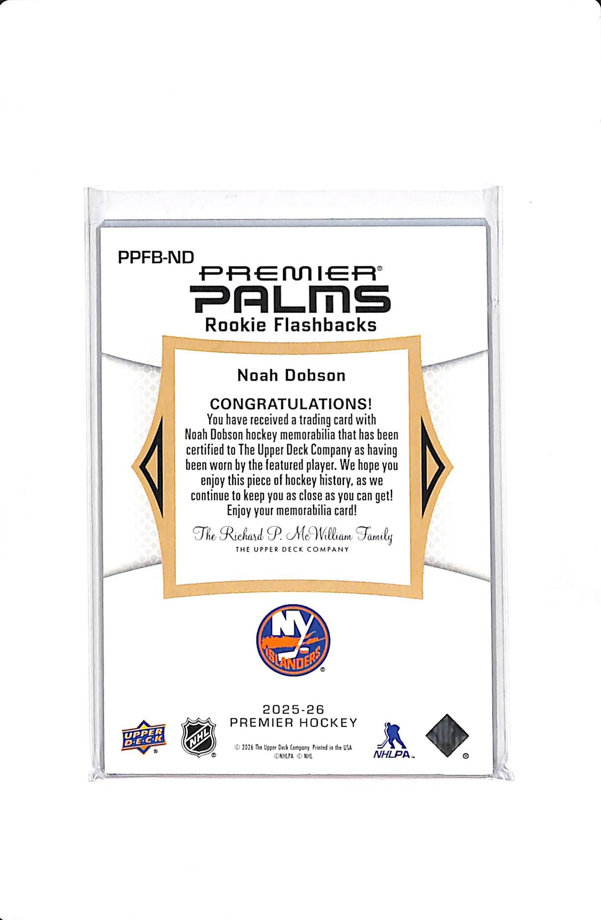 2025-26 PREMIER PALMS NOAH DOBSON #PPFB-ND ROOKIE FLASHBACKS /35