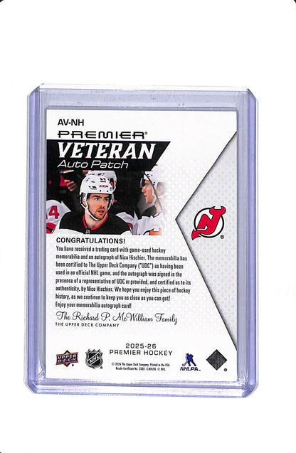 2025-26 UPPER DECK PREMIER VETERAN AUTO PATCH NICO HISCHIER /35 #AV-NH
