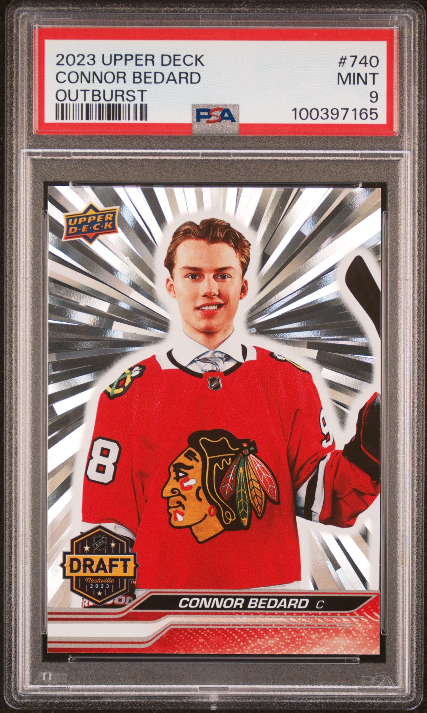 2023-24 UD EXTENDED SERIES CONOR BEDARD OUTBURST DRAFT DAY #740 PSA 9