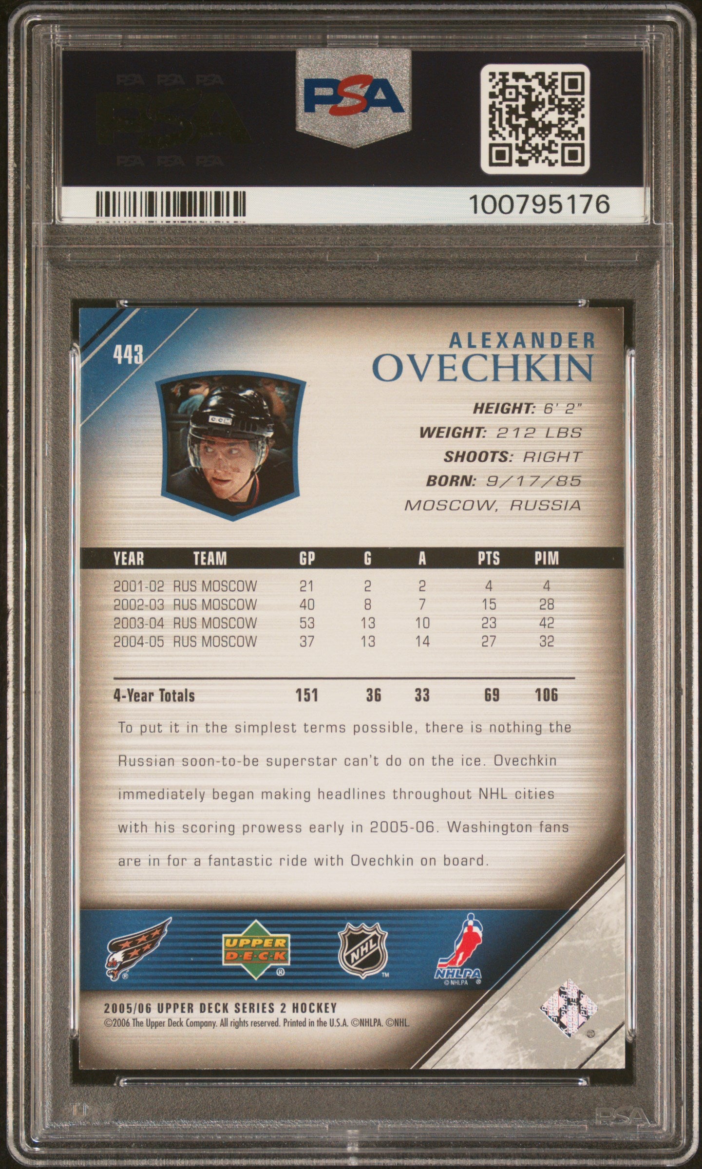 2005-06 UPPER DECK SERIES 2 ALEXANDER OVECHKIN YOUNG GUNS PSA 7 #443