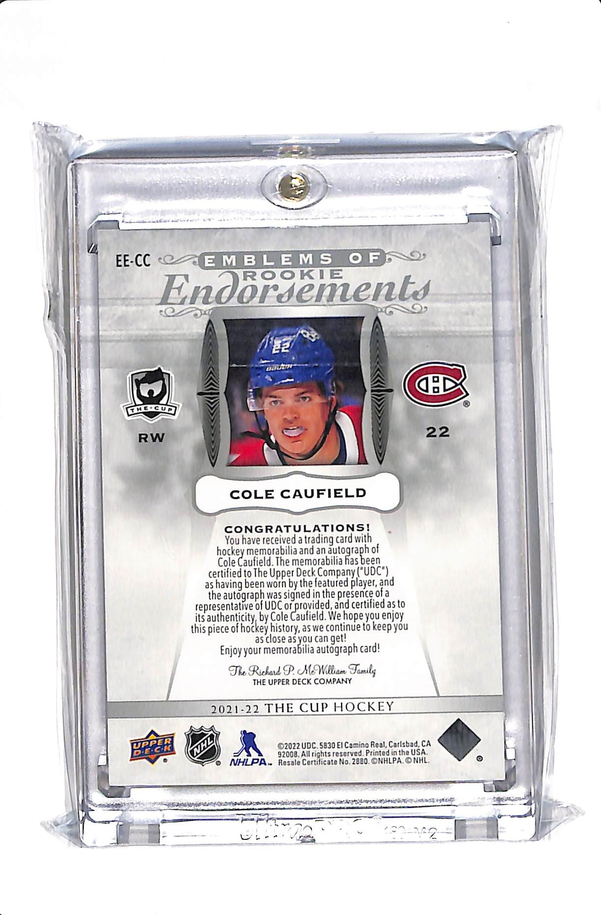 2021-22 UPPER DECK COLE CAUFIELD #EE-CC EMBLEMS OF ENDORSEMENTS /15