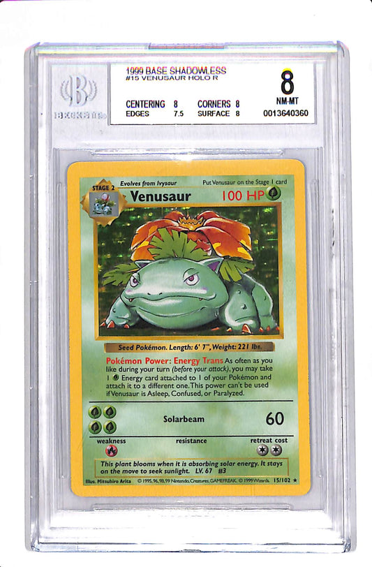 1999 POKEMON BASE SET SHADOWLESS VENUSAUR HOLO RARE #15 BGS 8