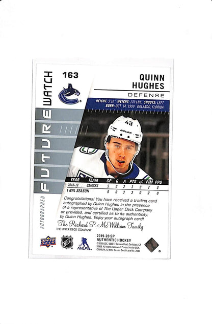 2019-20 UPPER DECK SP AUTHENTIC QUINN HUGHES #163 FUTURE WATCH AUTO /999