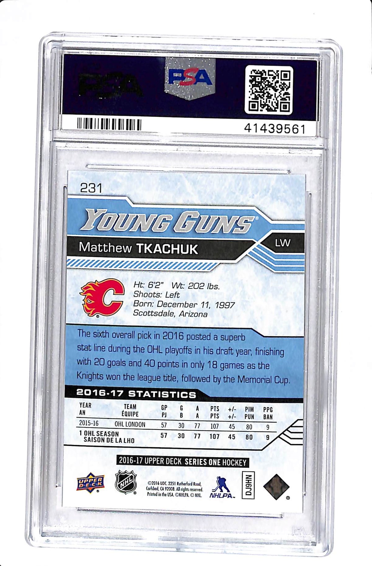 2016 UPPER DECK #231 MATTHEW TKACHUK YOUNG GUNS PSA 10