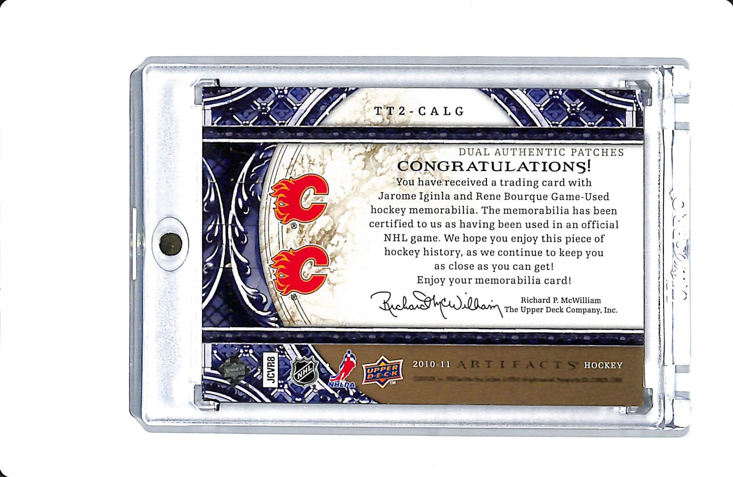 2010-11 UPPER DECK ARTIFACTS HOCKEY TUNDRA TANDEMS JAROME IGINLA/RENE BOURQUE PATCH 06/15
