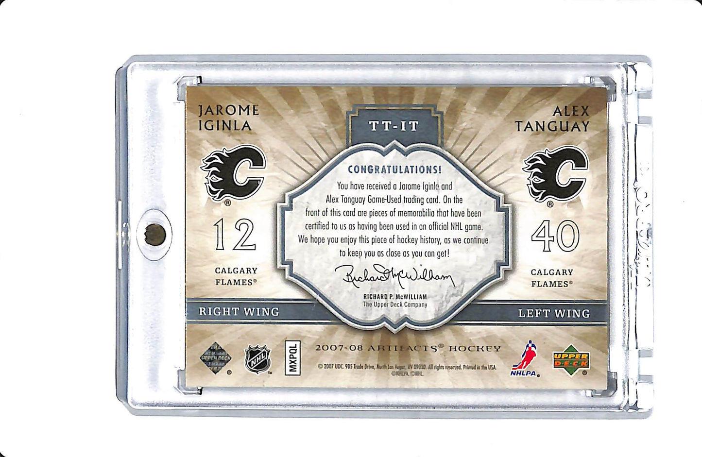 2007-08 UPPER DECK ARTIFACTS HOCKEY TUNDRA TANDEMS JAROME IGINLA/ALEX TANGUAY PATCH 16/25