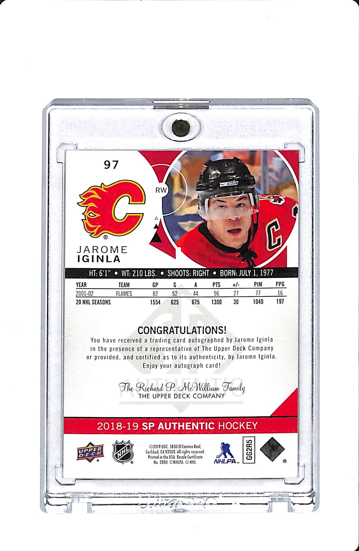 2018-19 UPPER DECK SP AUTHENTIC HOCKEY JAROME IGINLA LIMITED AUTO