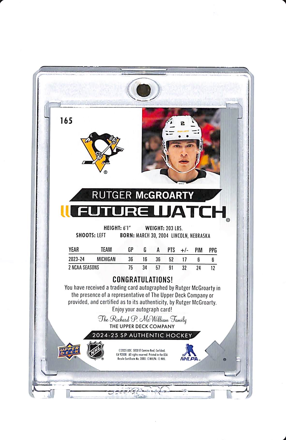 2024-25 UPPER DECK SP AUTHENTIC HOCKEY RUTGER MCGROARTY FUTURE WATCH AUTO 560/999
