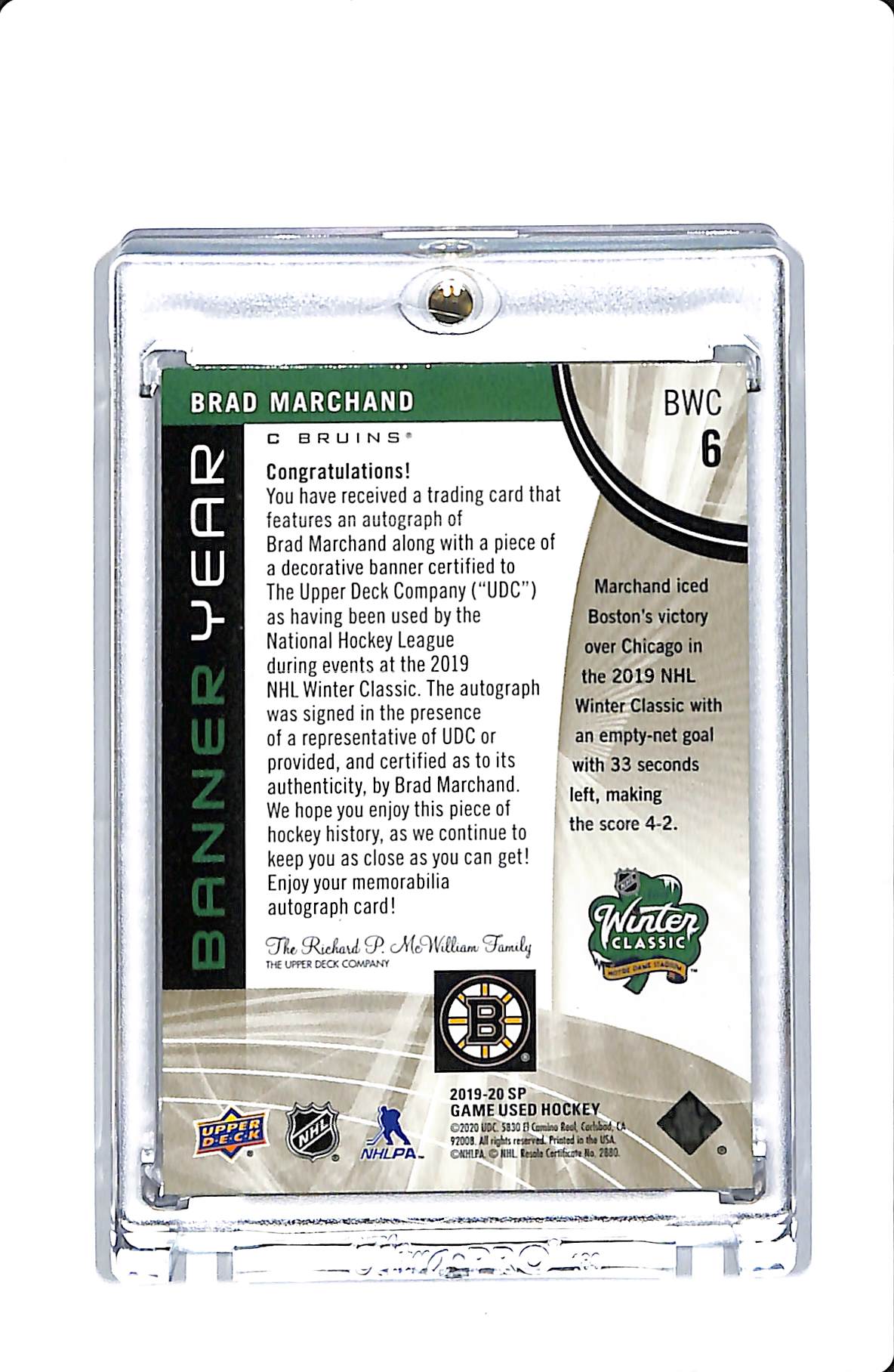 2019-20 UPPER DECK SP GAME USED HOCKEY BANNER YEAR BRAD MARCHAND AUTO