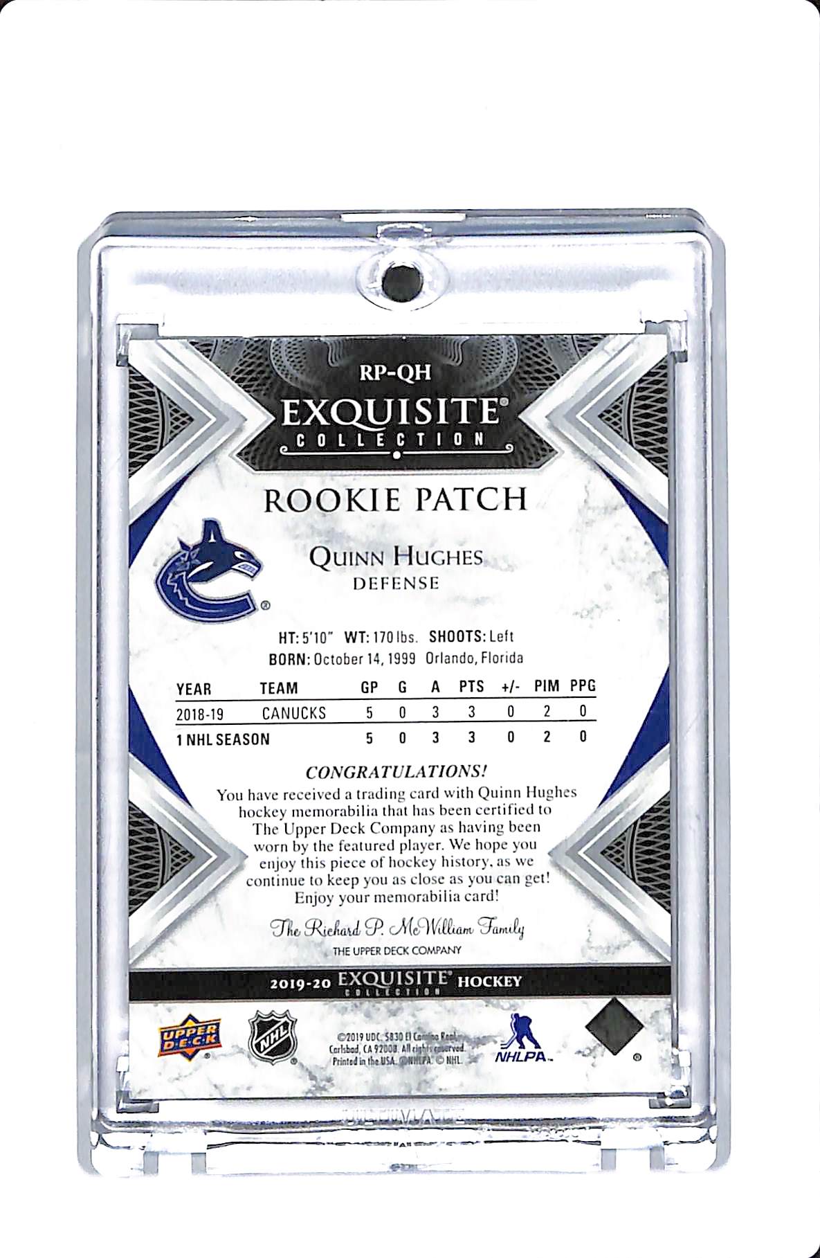 2019-20 UPPER DECK EXQUISITE COLLECTION HOCKEY QUINN HUGHES ROOKIE PATCH 22/99