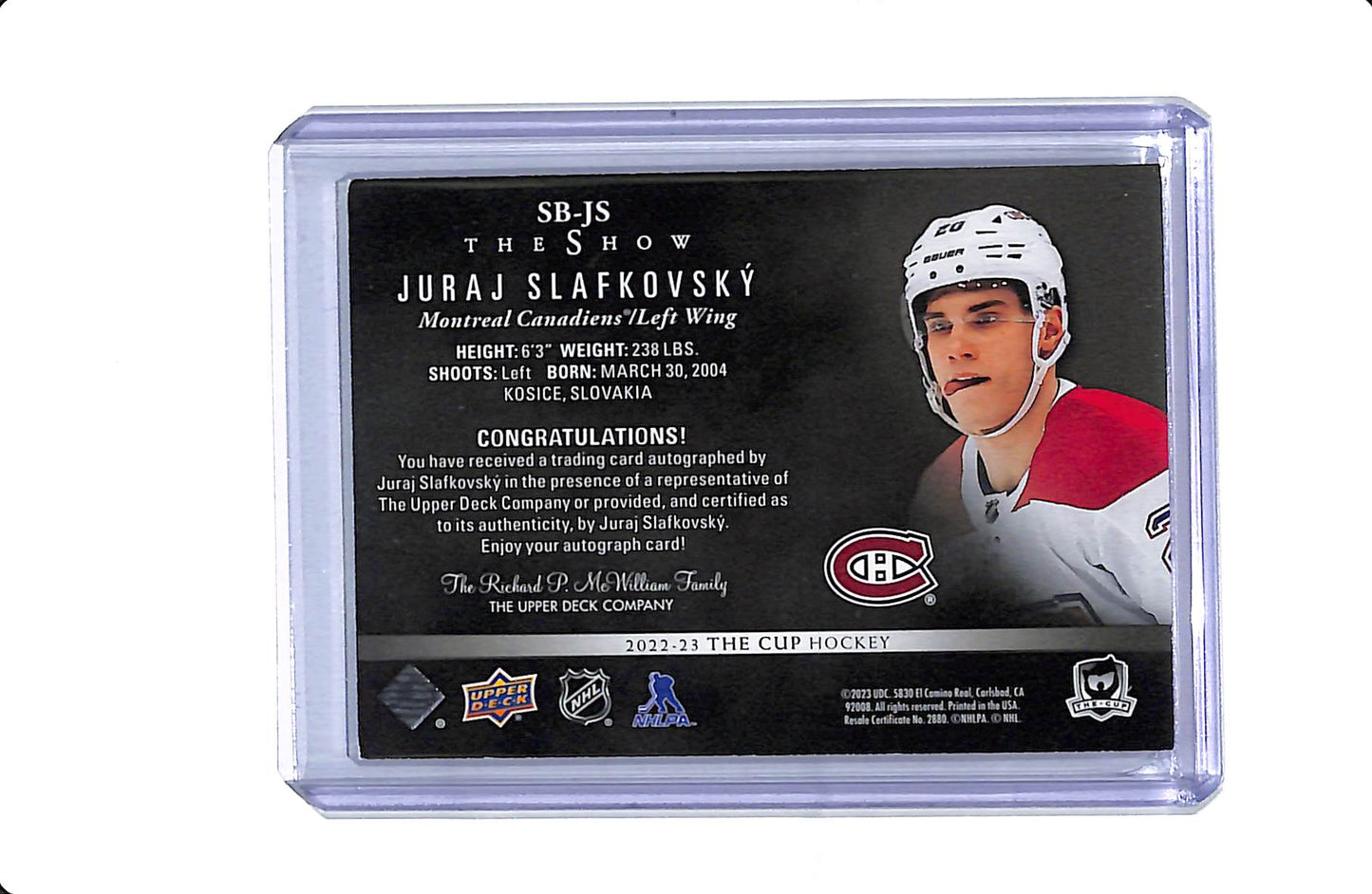 2022-23 UPPER DECK THE CUP HOCKEY THE SHOW SIGNATURES JURAJ SLAFKOVSKY AUTO