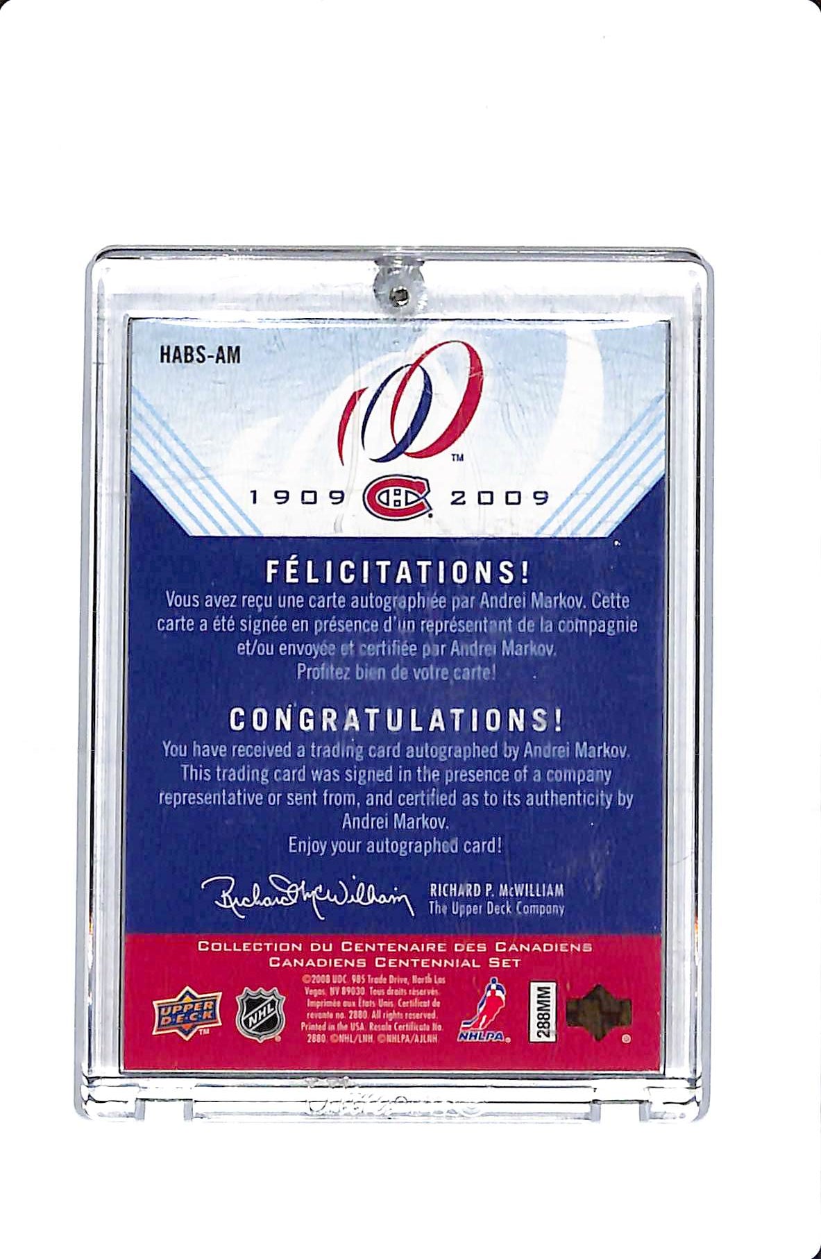 2008-09 UPPER DECK CANADIENS CENTENNIAL SET HABS INKS ANDREI MARKOV AUTO