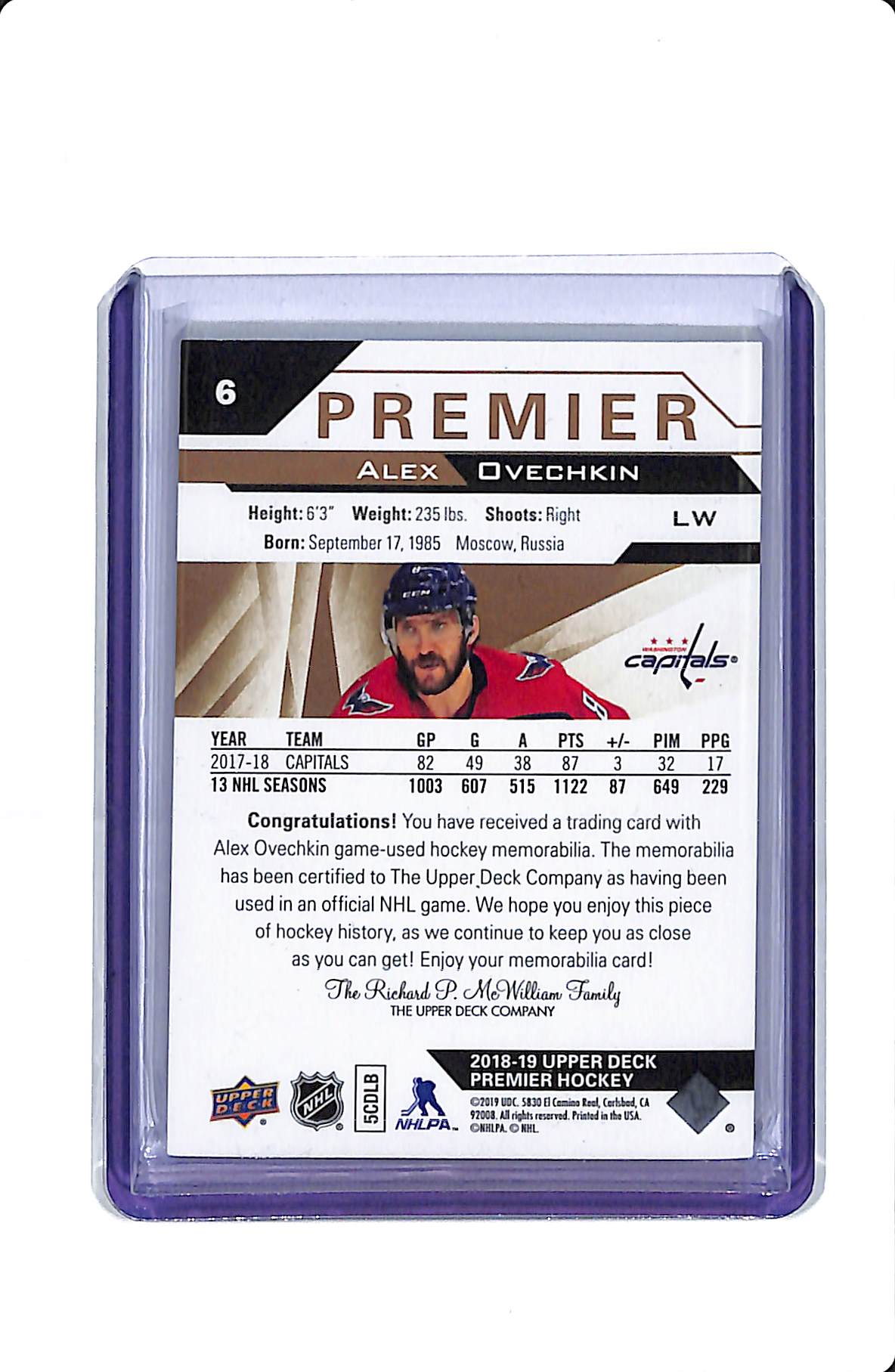 2018-19 UPPER DECK PREMIER HOCKEY PREMIUM ALEX OVECHKIN LAUNDRY TAG 3/3